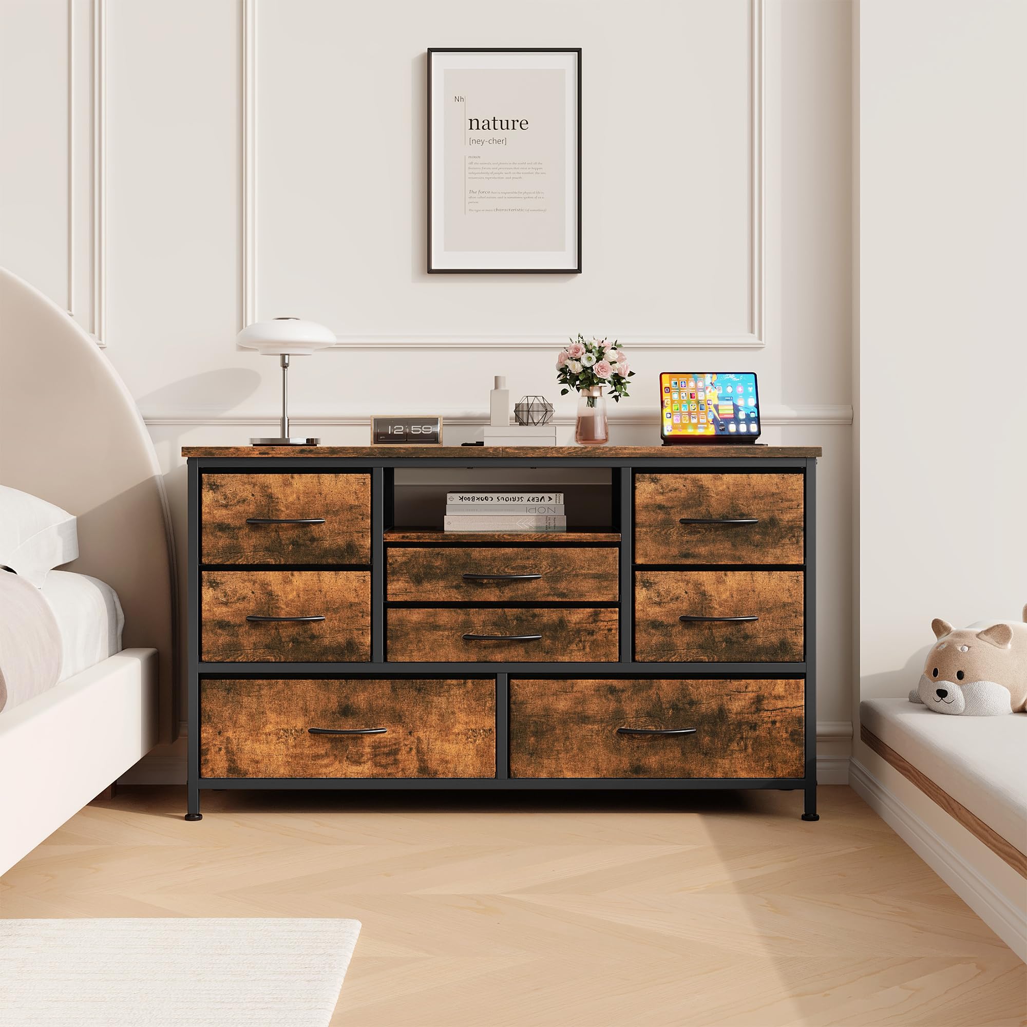 Garvee Commode de Chambre 8 Tiroirs en Tissu, Meuble TV avec Lumière LED, Station de Charge, Meuble de Rangement pour Chambre Enfants, Salon, Couloir