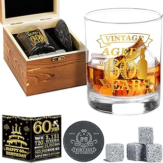 60th Birthday Gifts for Men - Vintage Whiskey Glass Set, 60th Birthday Decorations for Men Gift Ideas for Him, Husband, 60 Year Old Man - Wood Box & Whiskey Stones & Coaster & Anniversary Card