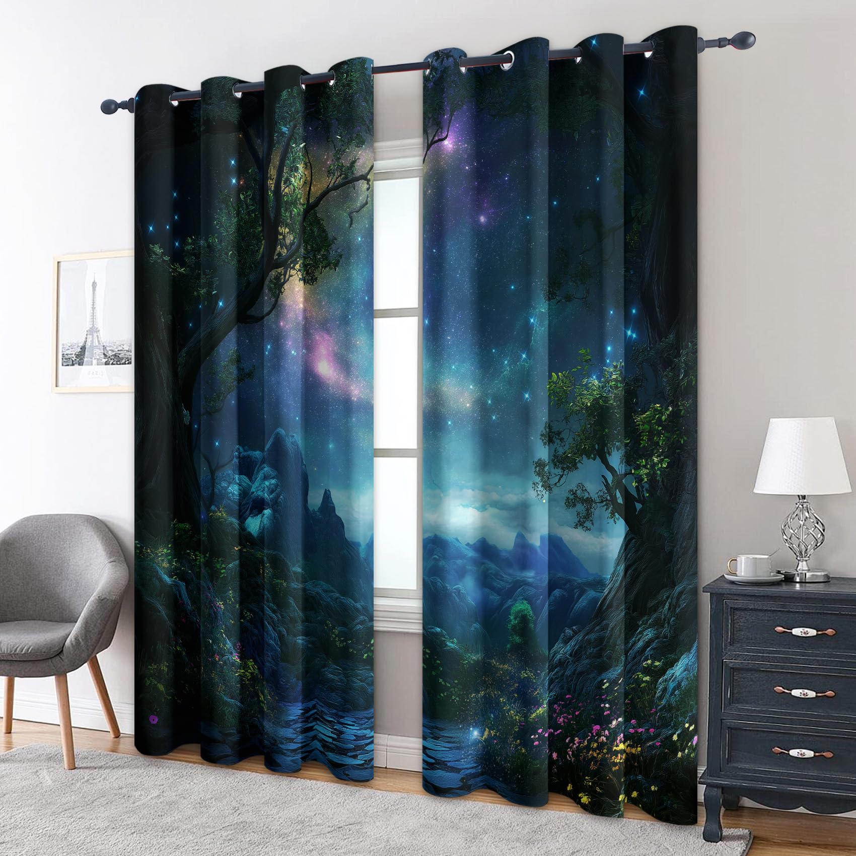 Generisch Sternenhimmel Vorhänge mit Ösen, H 175 x B 140, 2er Set - Landschaft Motiv Gardinen Wohnzimmer Schlafzimmer Deko, Fenster Vorhang Blickdicht Blackout Curtain （JN189）