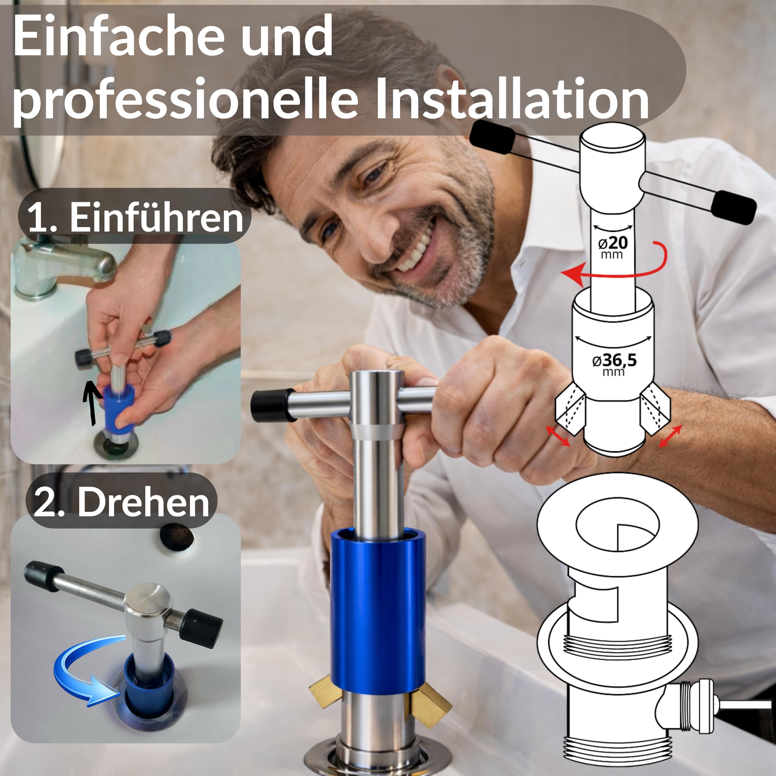 Universalschlüssel Ablaufgarnitur 1" & 1¼" Montageschlüssel Ablaufventil | Werkzeug für Ablauf Waschbecken & Bidet | Professionelles Sanitärwerkzeug aus verzinktem Stahl für Abflüsse | Drytogo