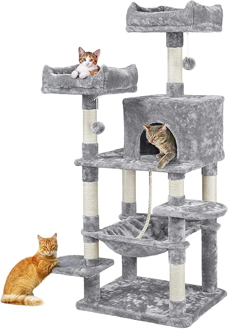 Yaheetech 150cm Large Cat Tree Tower Cat Scratching Posts with Condos/Hammock Cat Climbing Tower Cat Tree Centre for Indoor Cats, Light Grey