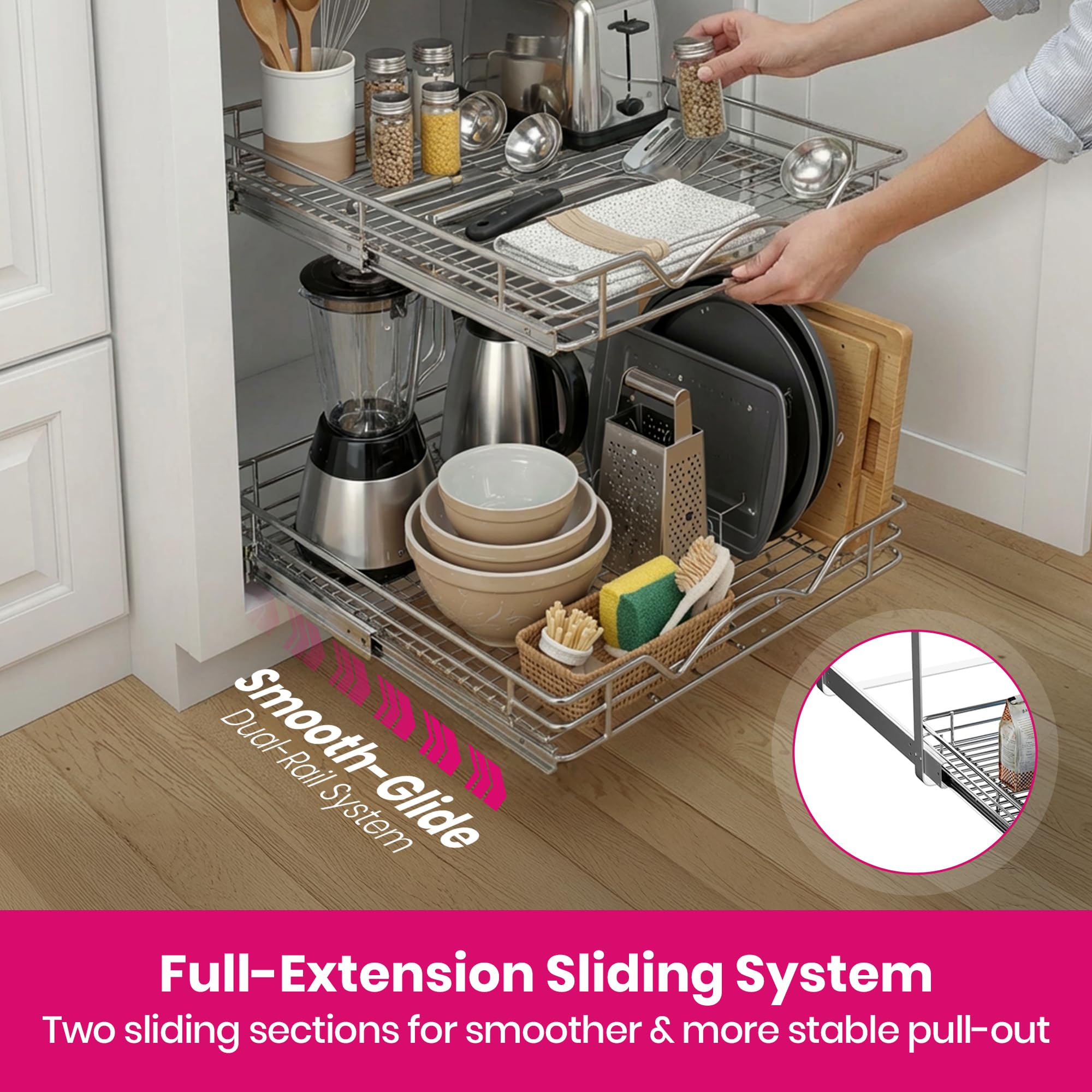 Hold N' Storage - Organizer per armadietti estraibili a 2 livelli, in metallo resistente, 21,6 cm di larghezza x 53 cm di profondità x 41,6 cm di altezza