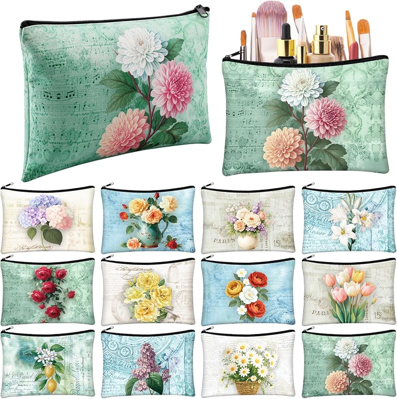 Sweetude Pacote com 12 Necessaires de Maquiagem Florais com Zíper para Viagem