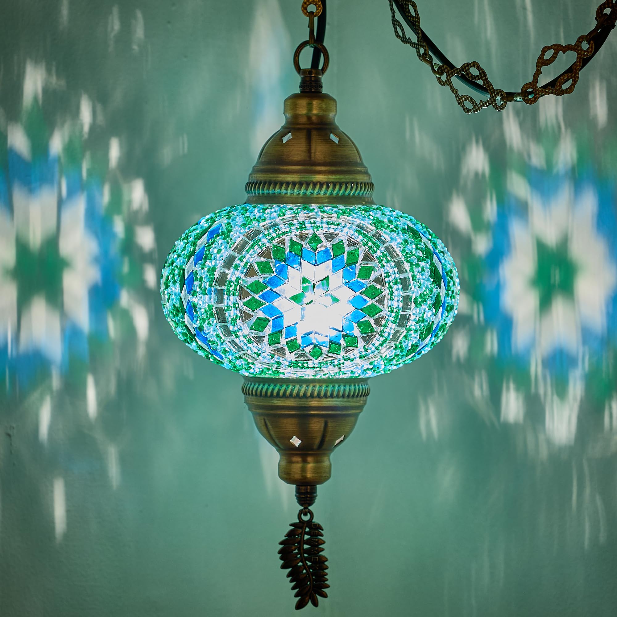 DEMMEX Plug-in Turkish Moroccan Mosaic Hanging Pendant Ceiling Light – Swag Lamp Fixture with 15ft Cord & Chain, Handcrafted, Vintage Tiffany Style, Mediterranean Exotic Decor, Turquoise Blue Green