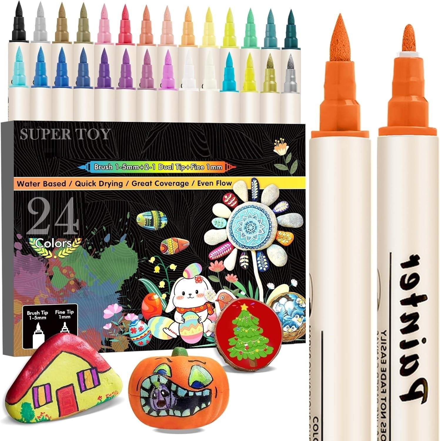 SUPER TOY 24 Water Color Shades Dual Tip Brush Marker Sketch Pen Set for Kids Adult Washable Coloring Drawing Art Craft Educational School Supplies Twin Tip Markers Set