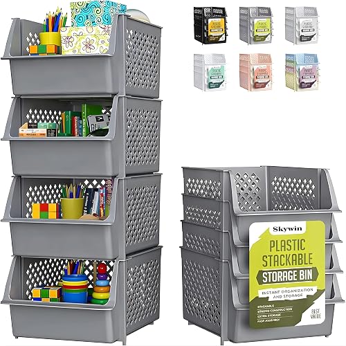 Skywin Stackable Open Front Storage Bins 4 Pack, Pantry Organizer Bins for Kitchen, Garage and Closet Skywin Stackable Open Front Storage Bins 4 Pack, Pantry Organizer Bins for Kitchen, Garage and Closet