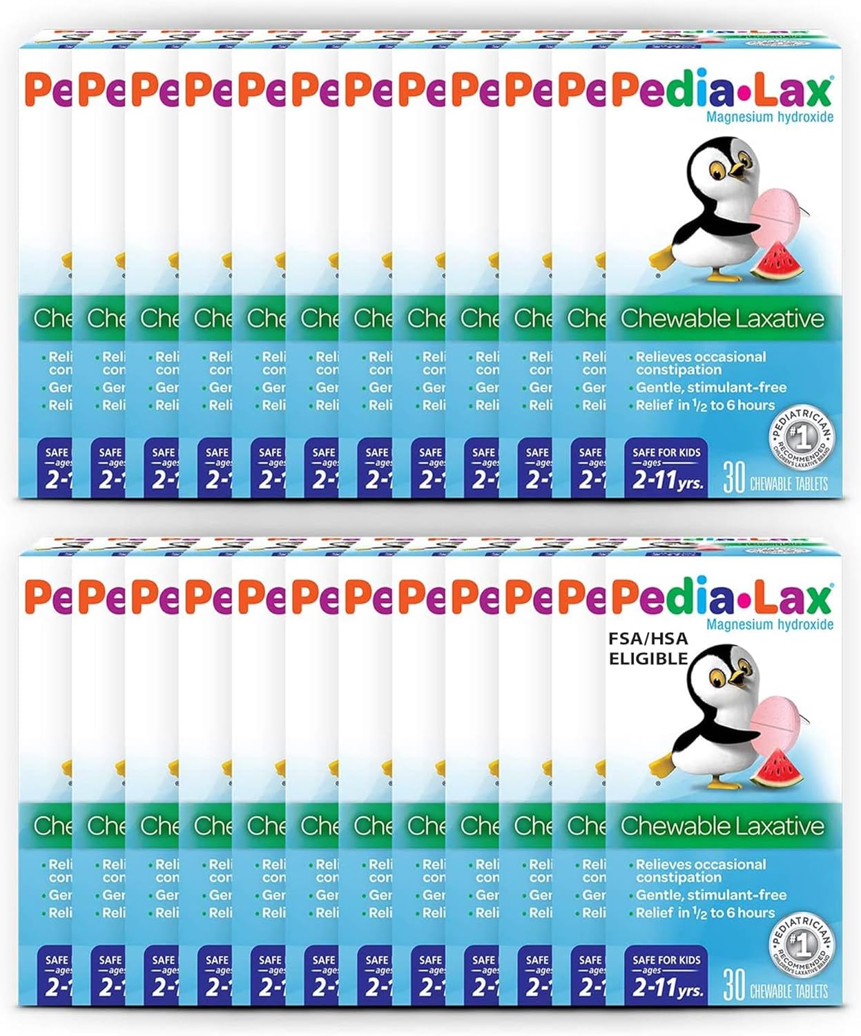 Pedia-Lax Chewable Laxative Tablets for Kids, Watermelon, Kids Laxative for Ages 2-11 that Gently Relieves Occasional Constipation, 30 Count, Pack of 24