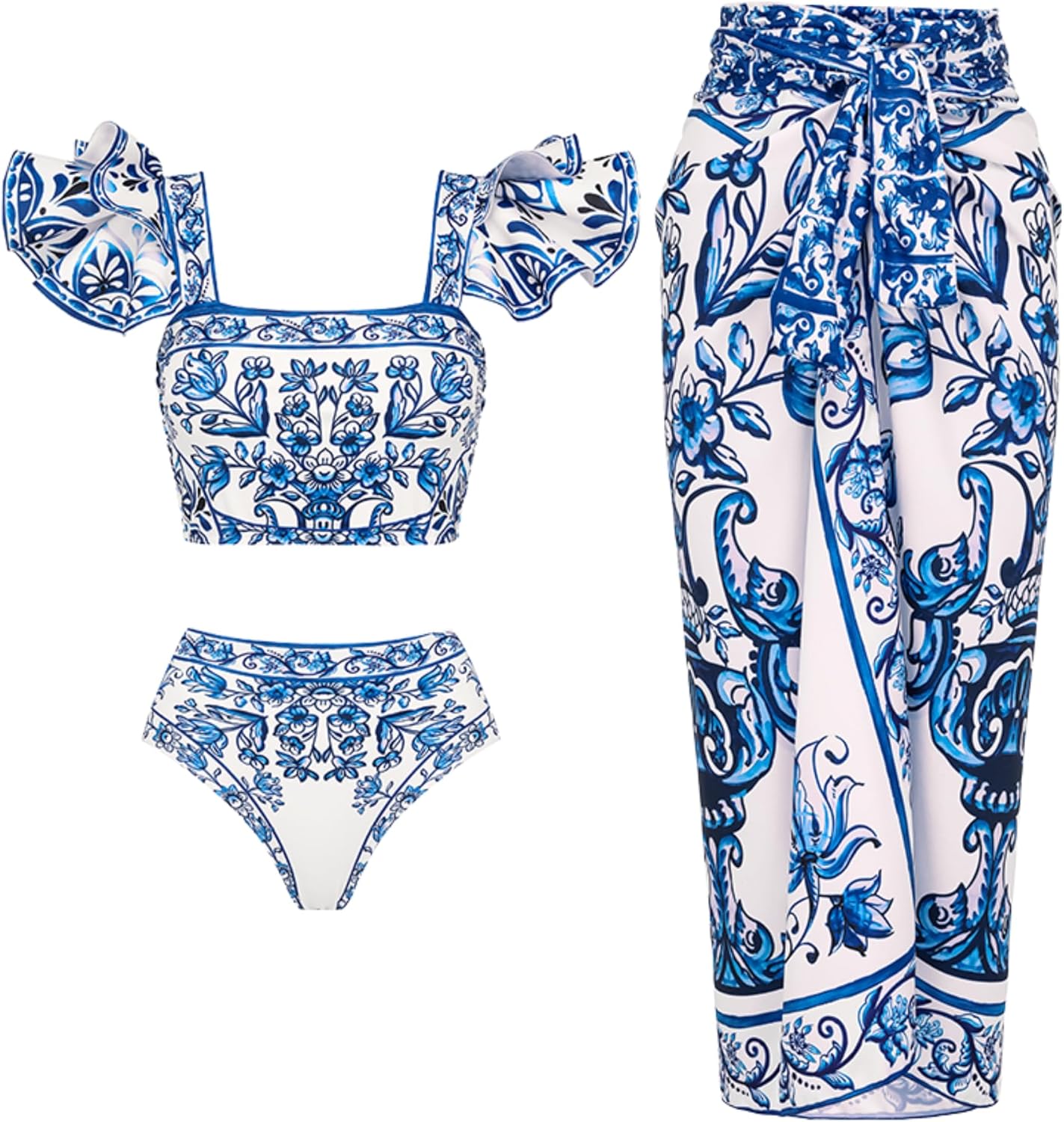 FLAXMAKER Ruffle Porcelain Pattern Majolica Print Back Elastic Band Bikini Swimsuit and Skirt/Sarong Large Blue Bikini and Sarong