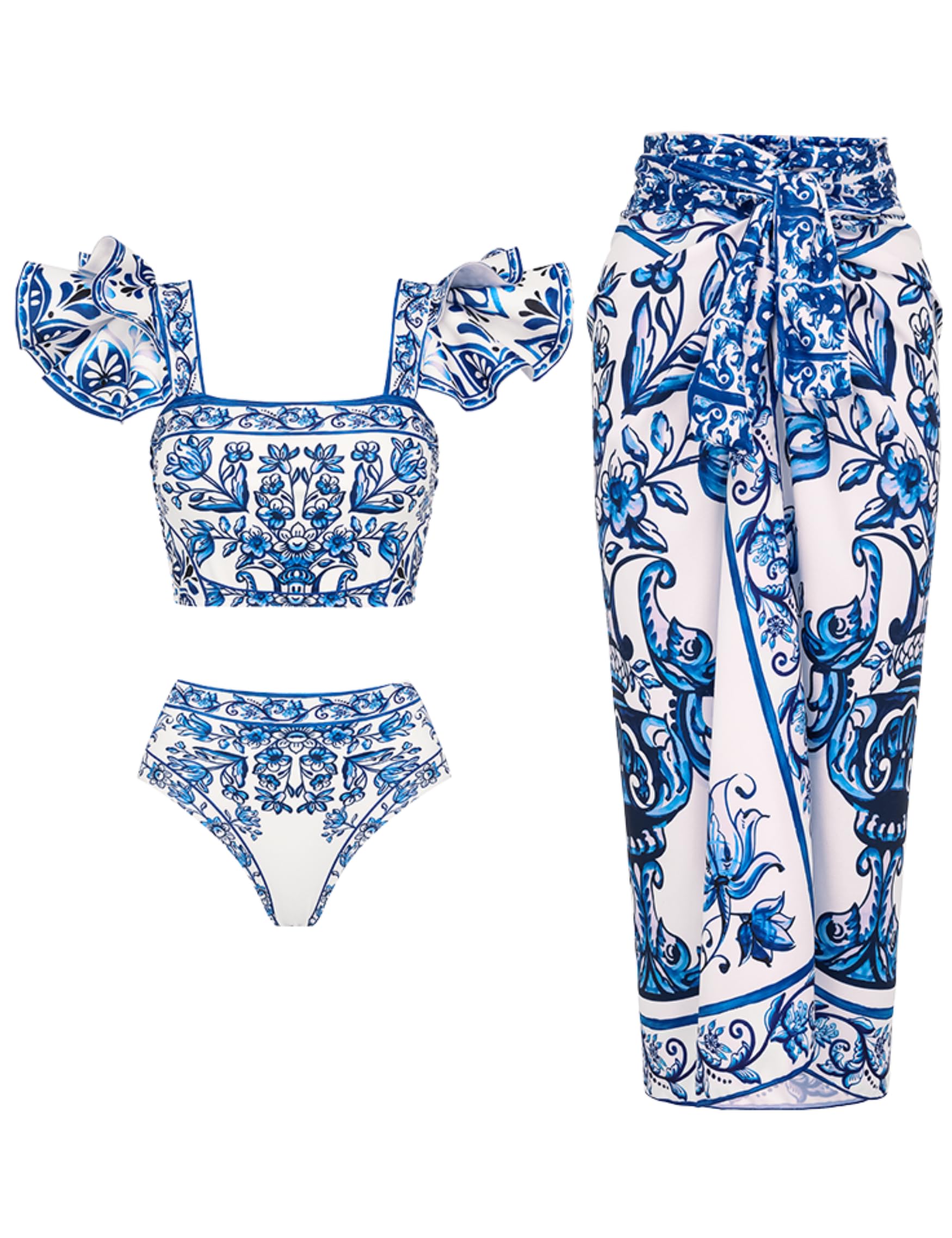 Ruffle Porcelain Pattern Majolica Print Back Elastic Band Bikini Swimsuit and Skirt/Sarong-image-48