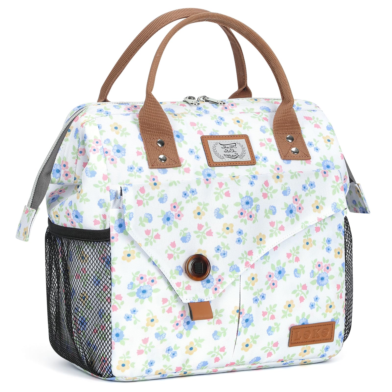 Lekesky 10L Insulated Lunch Bag for Women for Work Lunch Tote, White Flower