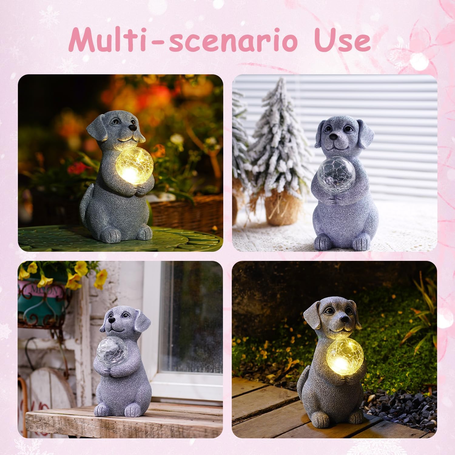 Dog Garden Statues - 8.4 Dog Decor with Gazing Ball LED Lights, Unique Gifts for Mom Grandma Birthdays, Outdoor Decor for Outside Lawn Porch Patio (Gray)