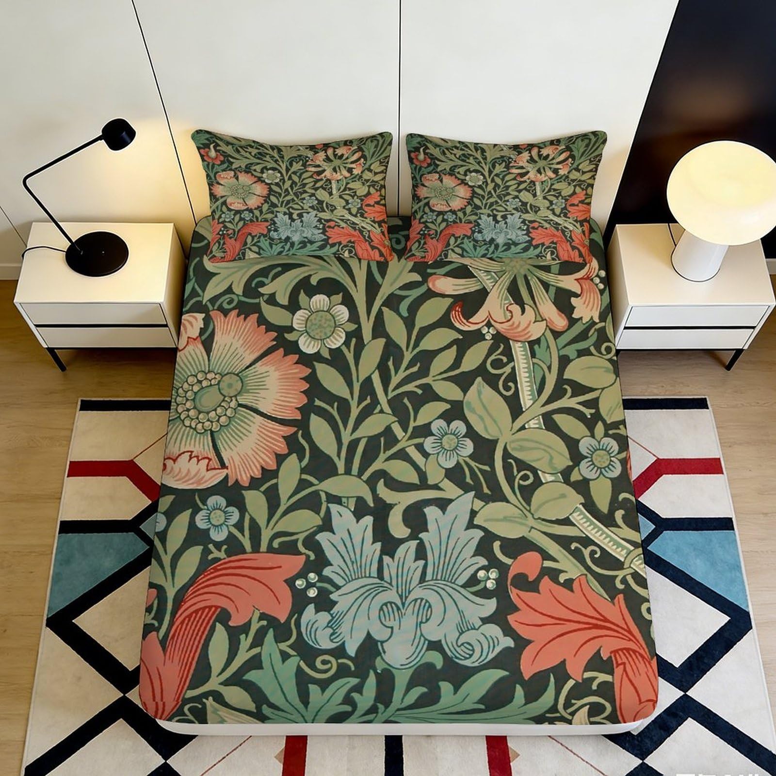 3D Printed Vintage Botanical Fitted Sheet Microfiber Green Red Floral Mattress Cover for Bedroom Dorm Apartment Decor 90x200x25cm