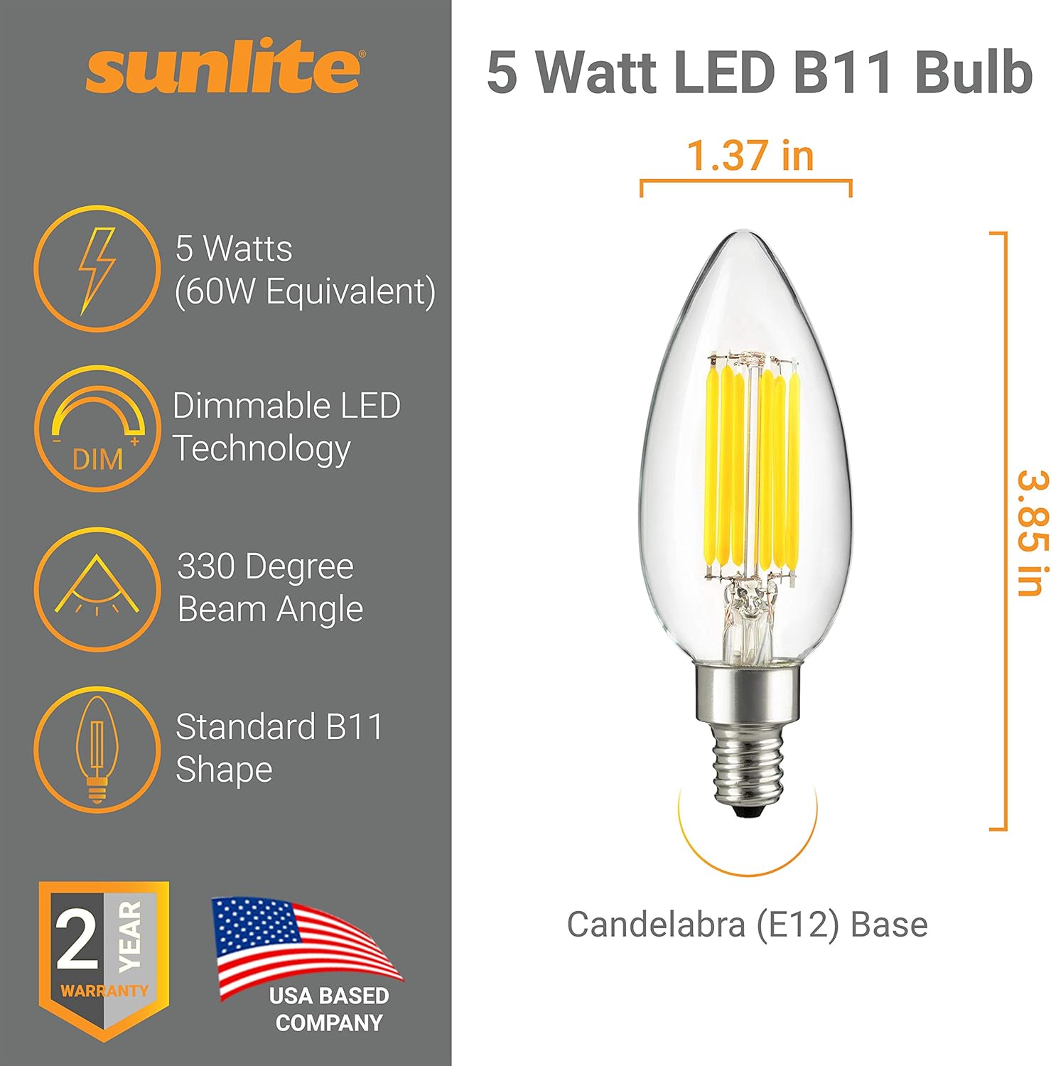 One-Day Sale: Up to 70% Off Sunlite 41230 LED Filament B11 Torpedo Tip Chandelier Light Bulb 5 Watts (60 W Equivalent), 600 Lumens, Candelabra E12 Base, Dimmable, UL Listed, 12 Pack, 4000K-Cool White 60% Off Discount Sunlite 41230 LED Filament B11 Torpedo Tip Chandelier Light Bulb 5 Watts (60 W Equivalent), 600 Lumens, Candelabra E12 Base, Dimmable, UL Listed, 12 Pack, 4000K-Cool White