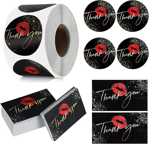 Zonon Juego de 600 tarjetas de agradecimiento y calcomanías de labios rojos, 500 calcomanías redondas de agradecimiento para besos, 100 tarjetas de