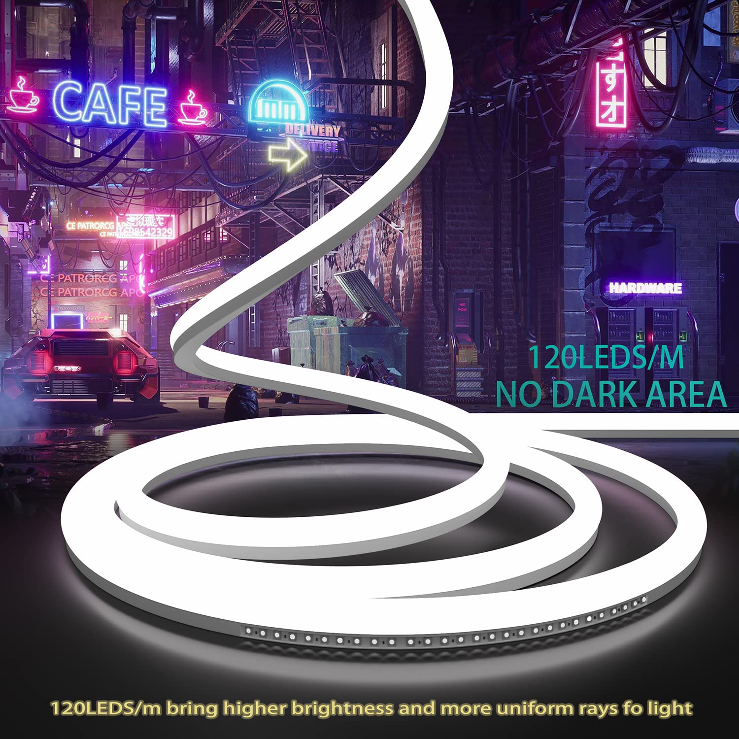 C D H LED Neon Rope Lights Outdoor Waterproof, 164Ft Cool White 120LEDs/M Flexible,Connectable Cuttable Neon Lighting for Home/Garden/Deck/Building Decoration