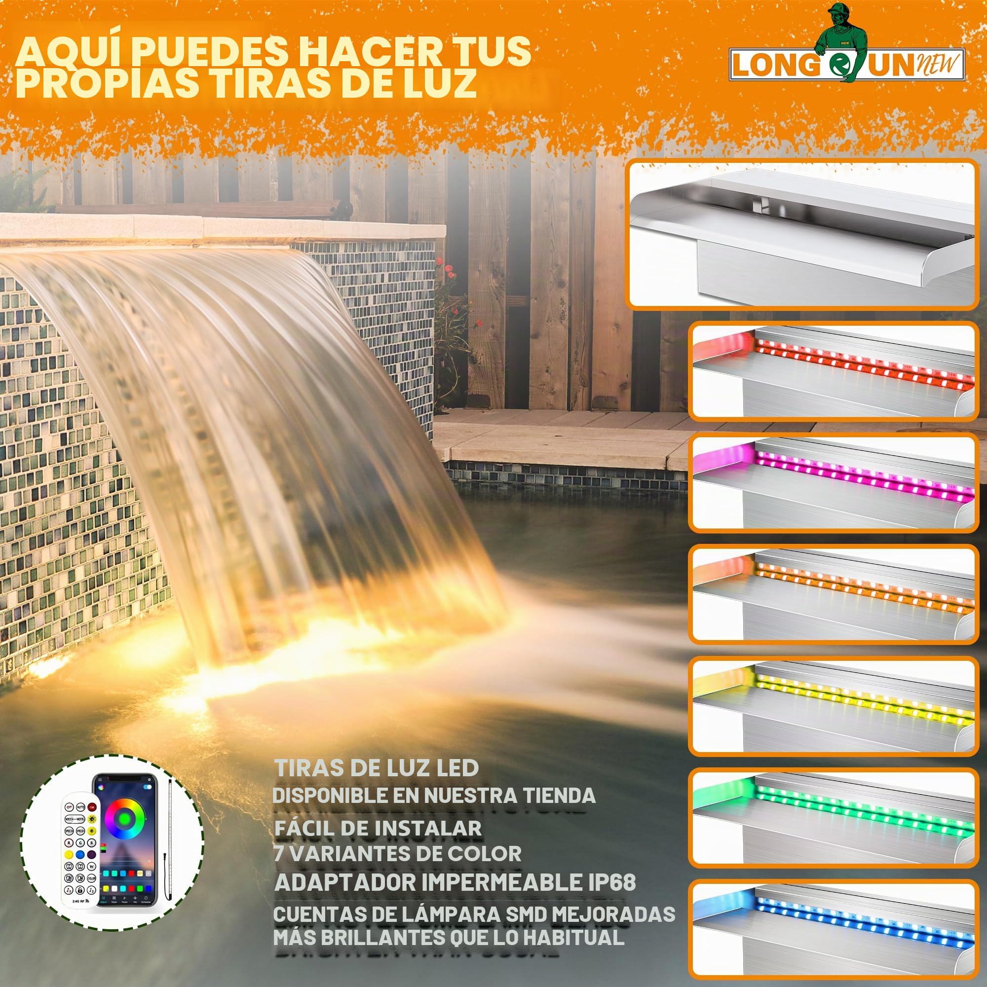 Cuchillas de Fuente Piscina Cascada Acero Inoxidable, Departamento Aliviadero con Accesorios para Decoración de Estanque Exterior de Patio de Jardín (Longitud 90cm, Ancho 15cm)