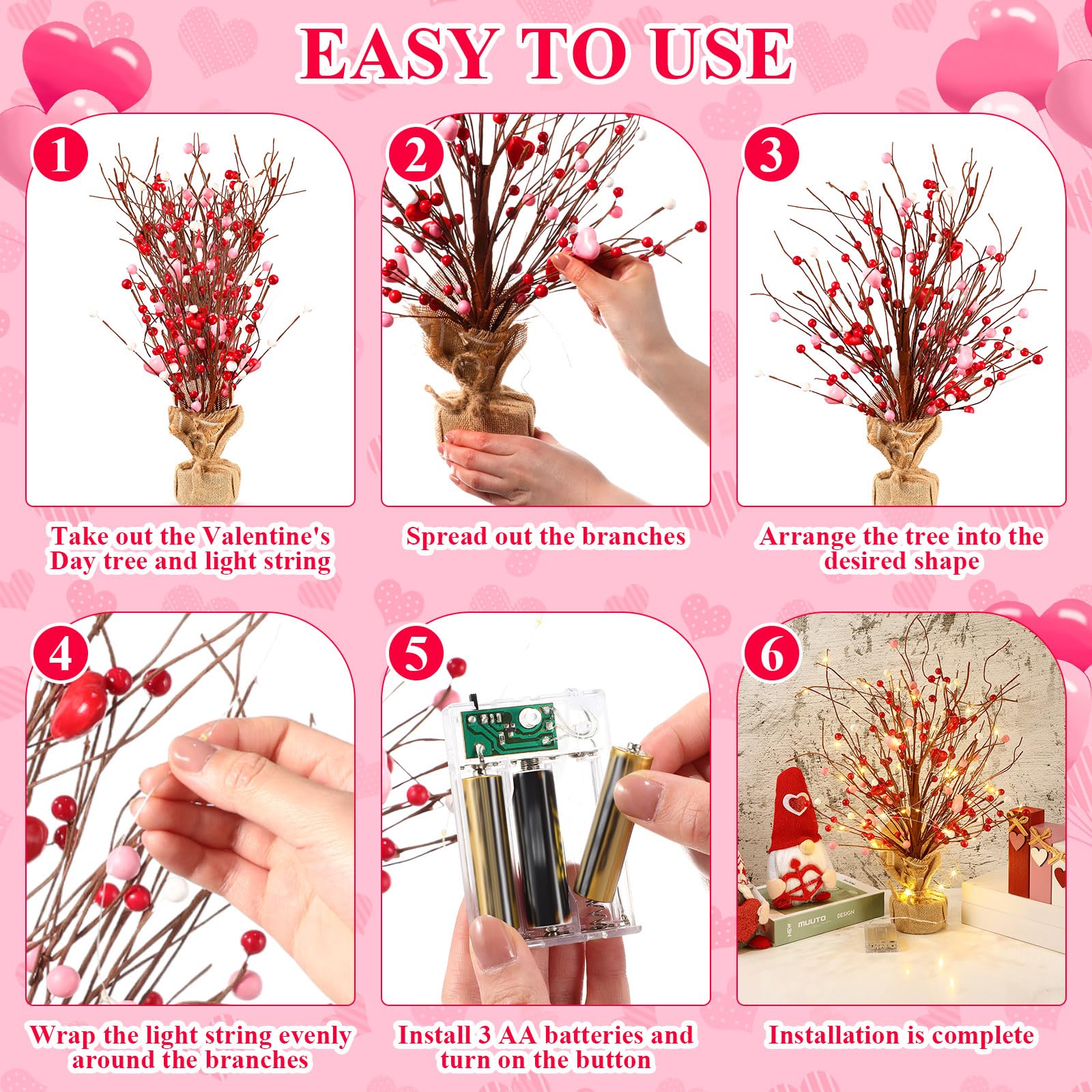 Cinnvoice 6 piezas de decoración para el día de San Valentín, árbol de mesa de 48 cm con forma de corazón de bayas artificiales con cuerda de luz, regalos de madera rústica para parejas, decoración de
