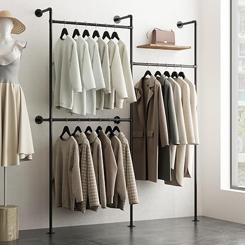 Miniatura 8 de Percheros de ropa de pared dorados con estantes blancos, perchero dorado montado en la pared para barras colgantes, estantes de ropa de tubería