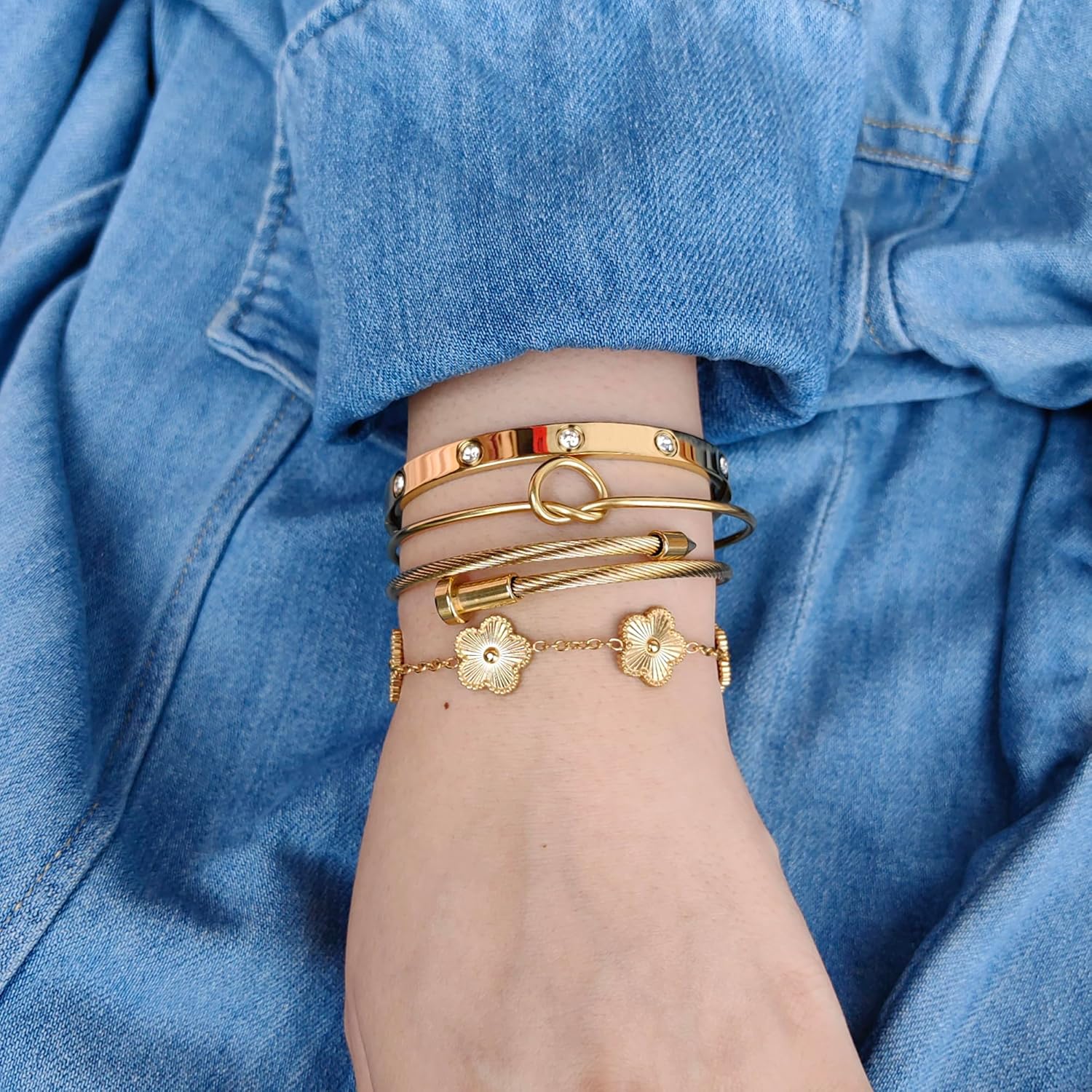 Womens 4Pcs Stackable Floral Gold Bracelets Stainless Steel Bangle Bracelets Non Tarnish Silver Set Trendy Jewelry Gifts for Womens - Image 6