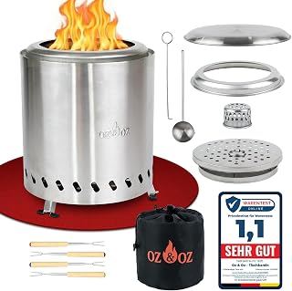 Oz & Oz Tischfeuer - Raucharmer Tischkamin für Pellets und Holz Rauchfrei Feuerstelle Feuerschalen für den Garten Outdoor Gartendeko Feuerkorb Terrassenofen Garten Deko Draußen, Silber, 26 cm