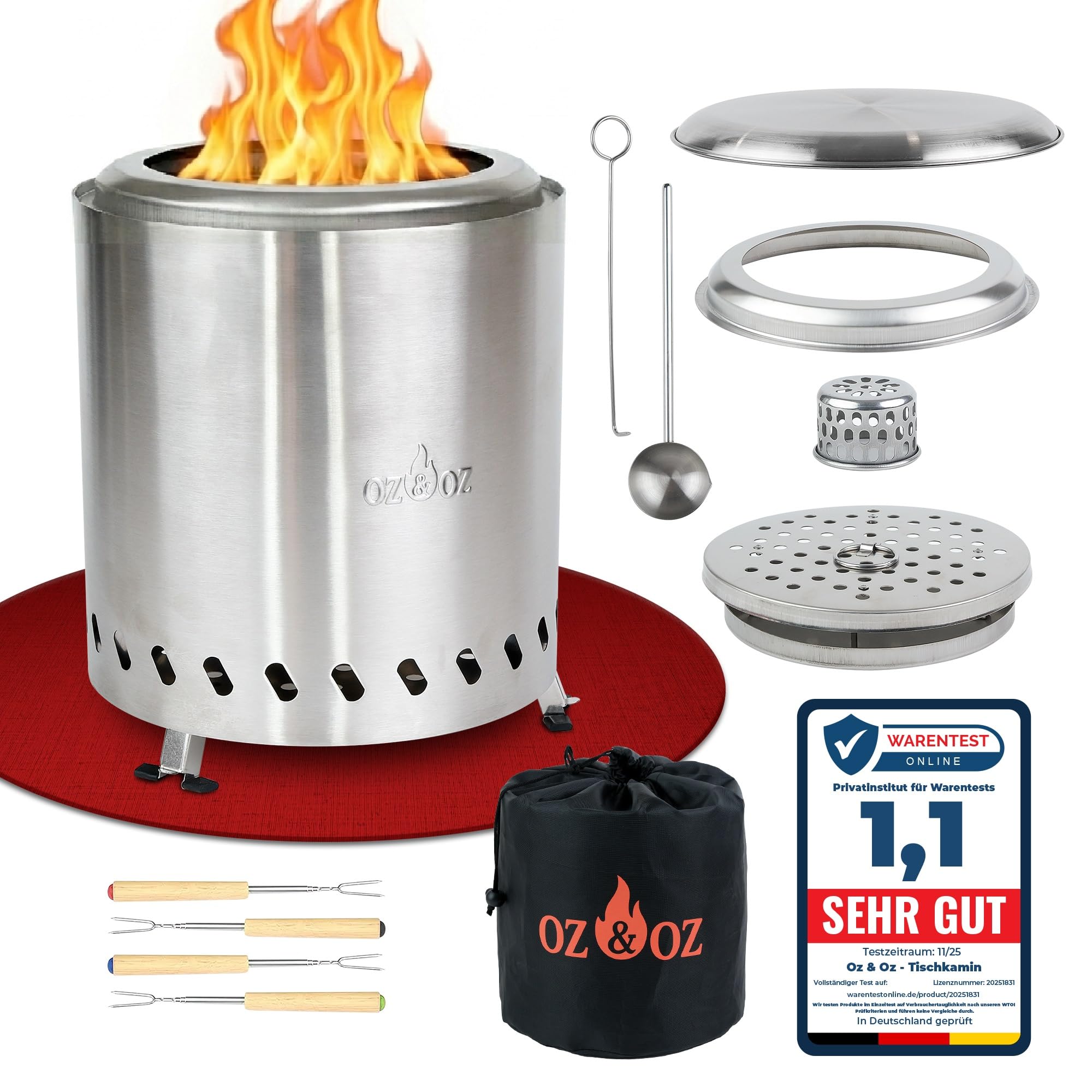 Oz & Oz Tischfeuer - Raucharmer Tischkamin für Pellets und Holz Rauchfrei Feuerstelle Feuerschalen für den Garten Outdoor Gartendeko Feuerkorb Terrassenofen Garten Deko Draußen, Silber, 26 cm