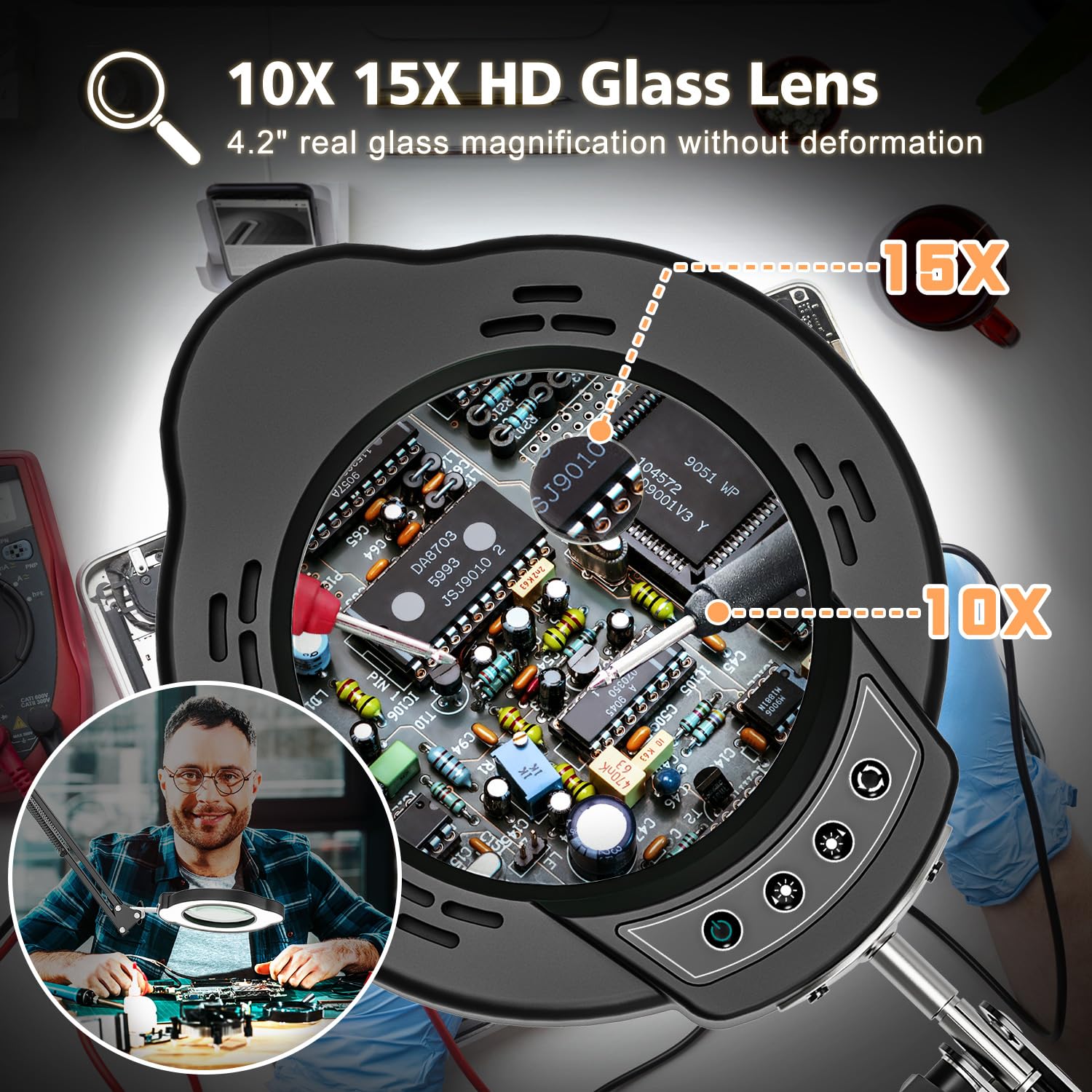 Lampe de Bureau Loupe 15X 10X LED avec Pince et Bras Pivotant, 5 Modes de Couleurs Réglables