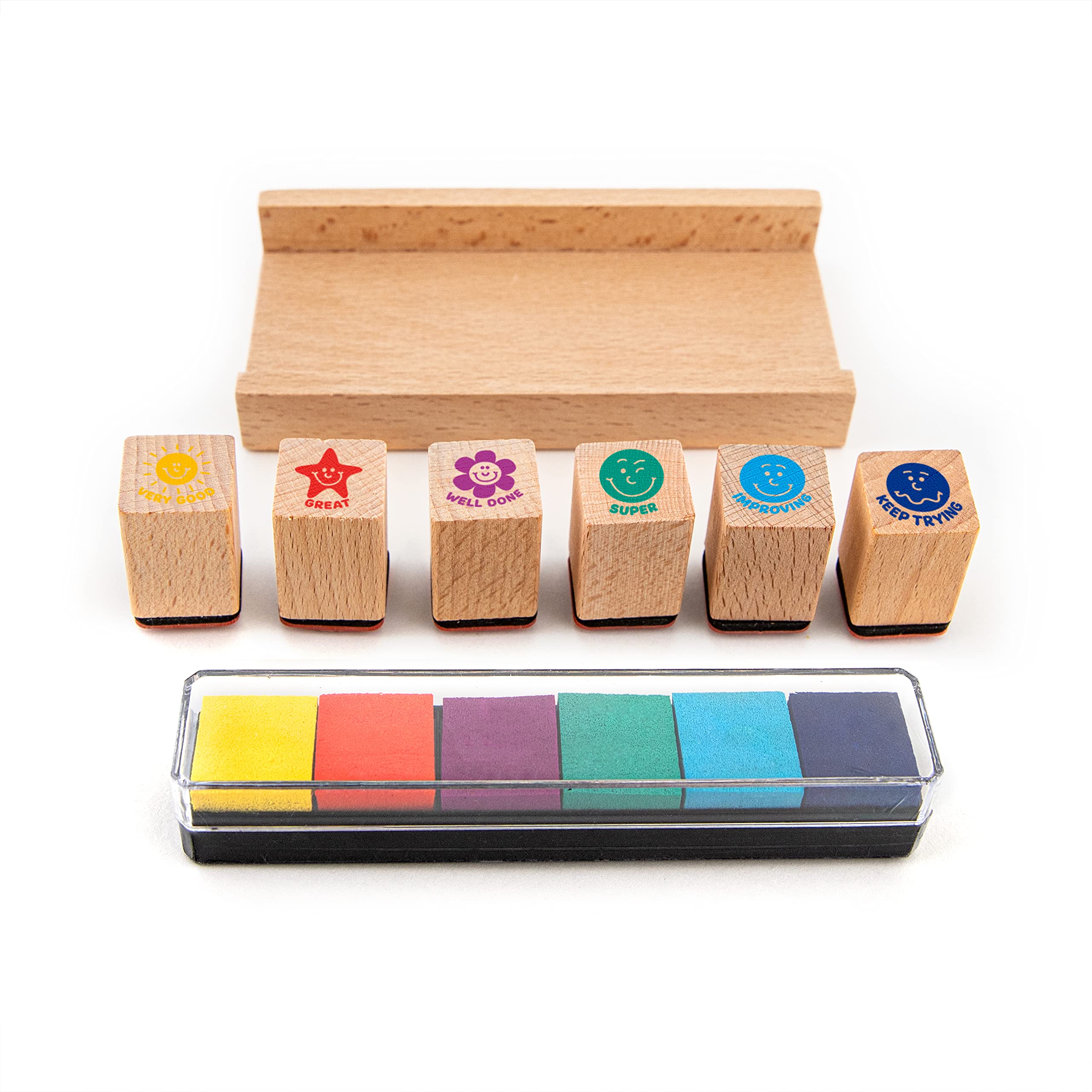 TRENDHAUS 955715 Stamp Set English, 6 Teacher Stamps with Colourful Ink Pad, Wooden Stamp for Children for Teachers Wood - Image 4