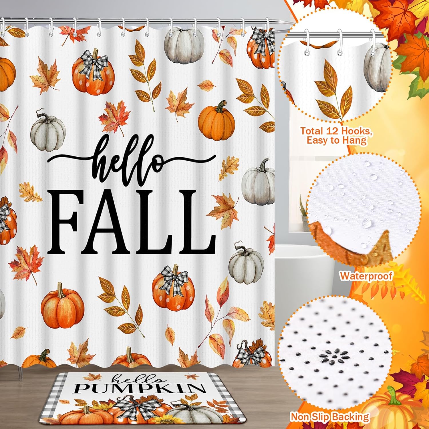 SmoothNovelty 8 Pcs Thanksgiving Shower Curtain Set Hello Fall Bathroom Curtain with 12 Hooks Autumn Harvest Pumpkin Bath Non-Slip Rugs Toilet Lid Cover Bath Waterproof Mat for Bathroom Decor