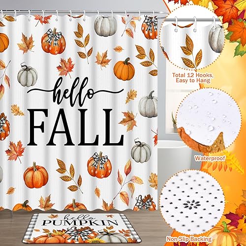 Miniatura 2 de Juego de 8 cortinas de ducha de otoño con diseño de calabaza de otoño con 12 ganchos, alfombras antideslizantes para tapa de inodoro, alfombra