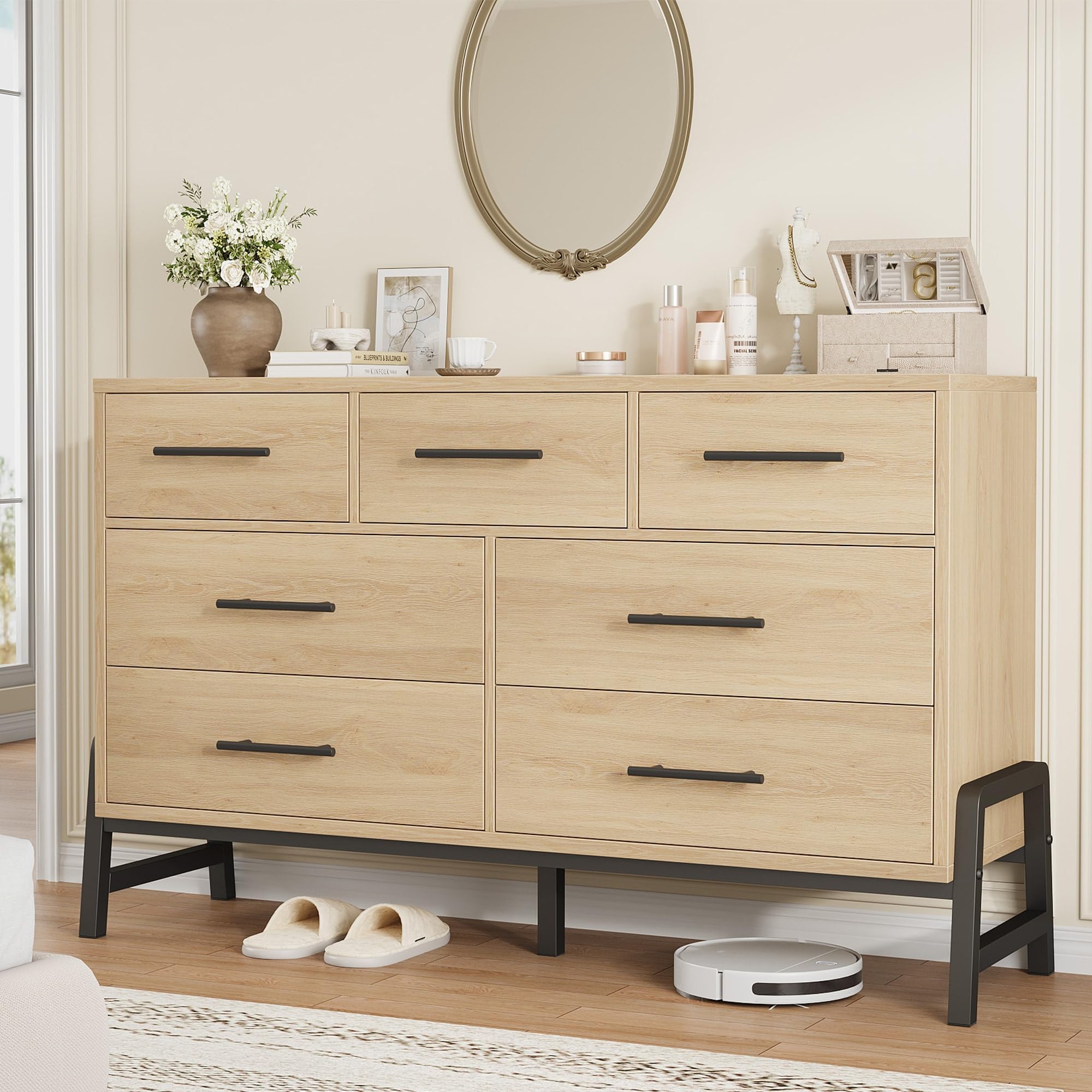 Spacious 7-Drawer Freestanding Dresser, Modern Wooden Entryway Storage Cabinet, Wide Chest Organizer for Bedroom, Living Room, Hallway, Durable Construction, 52"L x 16"W x 32"H Natural Oak