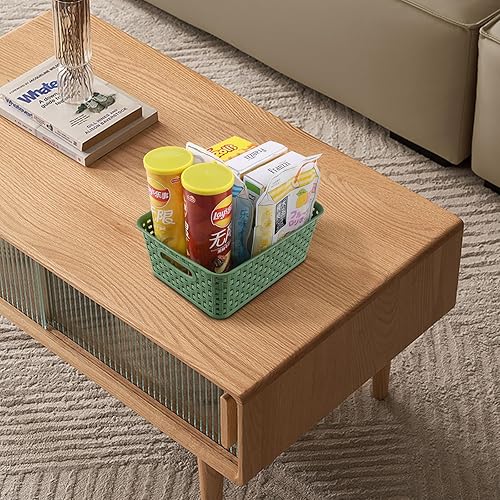 Miniatura 6 de Sadstory - Cesta de almacenamiento tejida de plástico verde oscuro, cesta de plástico para estantes, 6 paquetes