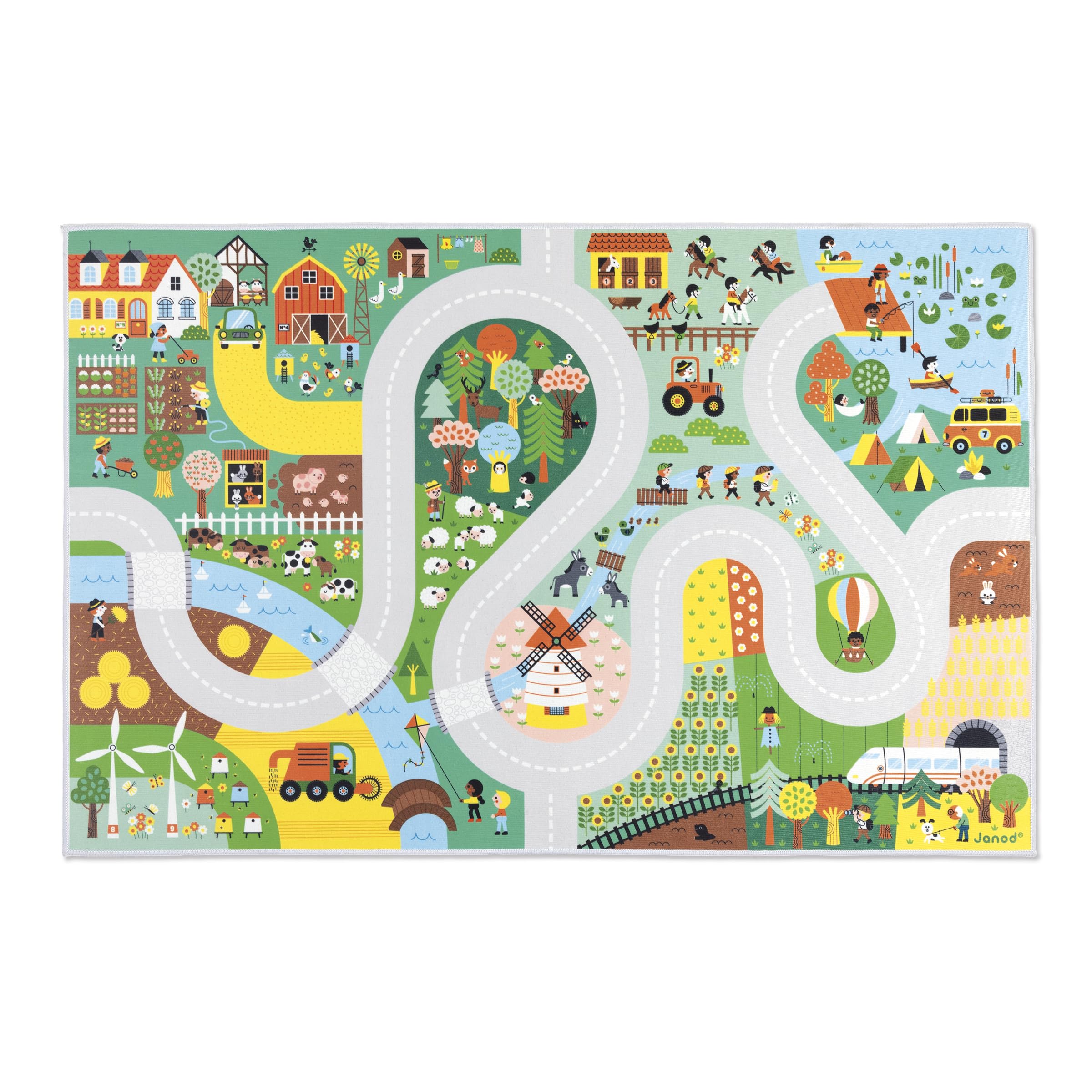 Janod - Tappetini per Auto per Bambini - Tema Campagna - Morbidi e Antiscivolo - Motivo Fattoria e Foresta - Tappeto per camerette di Bambine e Bambini - 120 x 78 cm - Lavabile a Mano - da 2 Anni