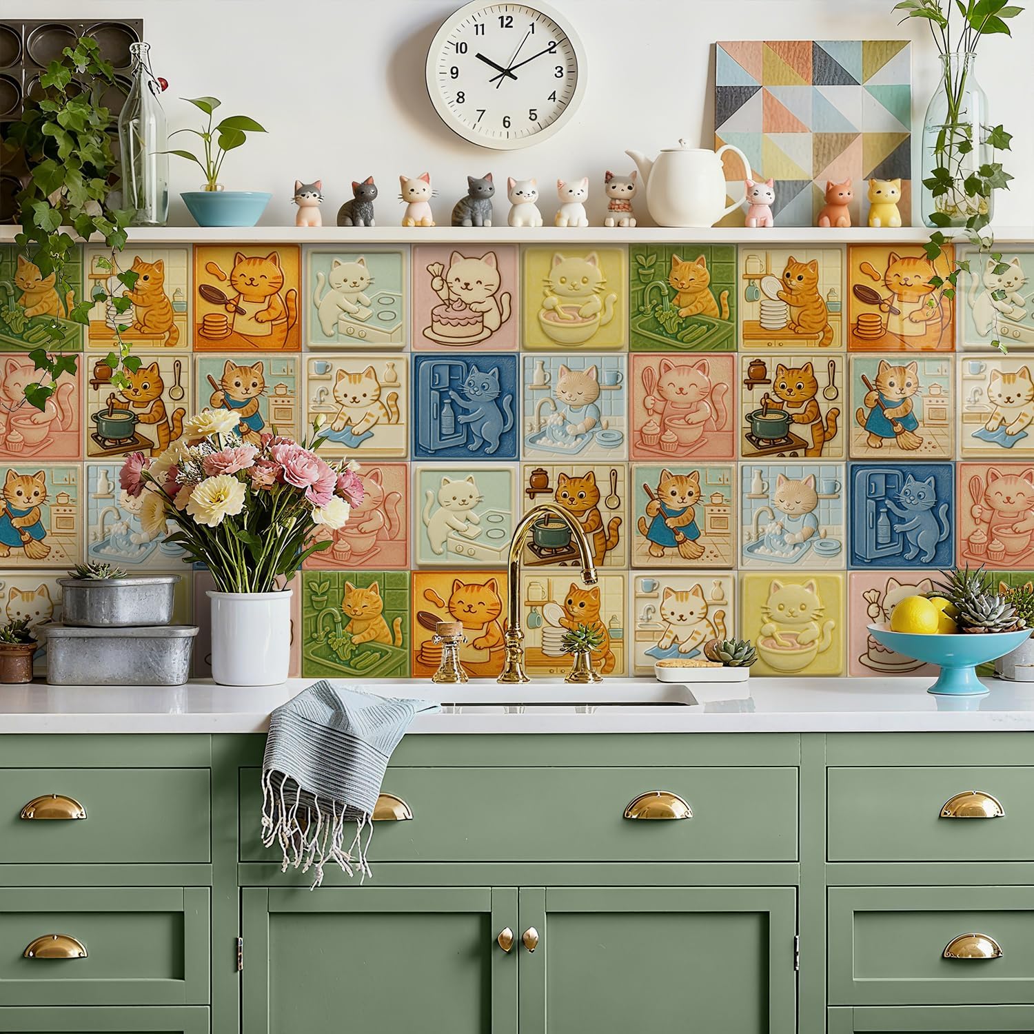 Wall Decor Stickers, 12 Sheets-6x6 Inch Peel & Stick Backsplash Tile, HD PE Waterproof Wall Decals for Kitchen, Bathroom, Cabinets, Cat