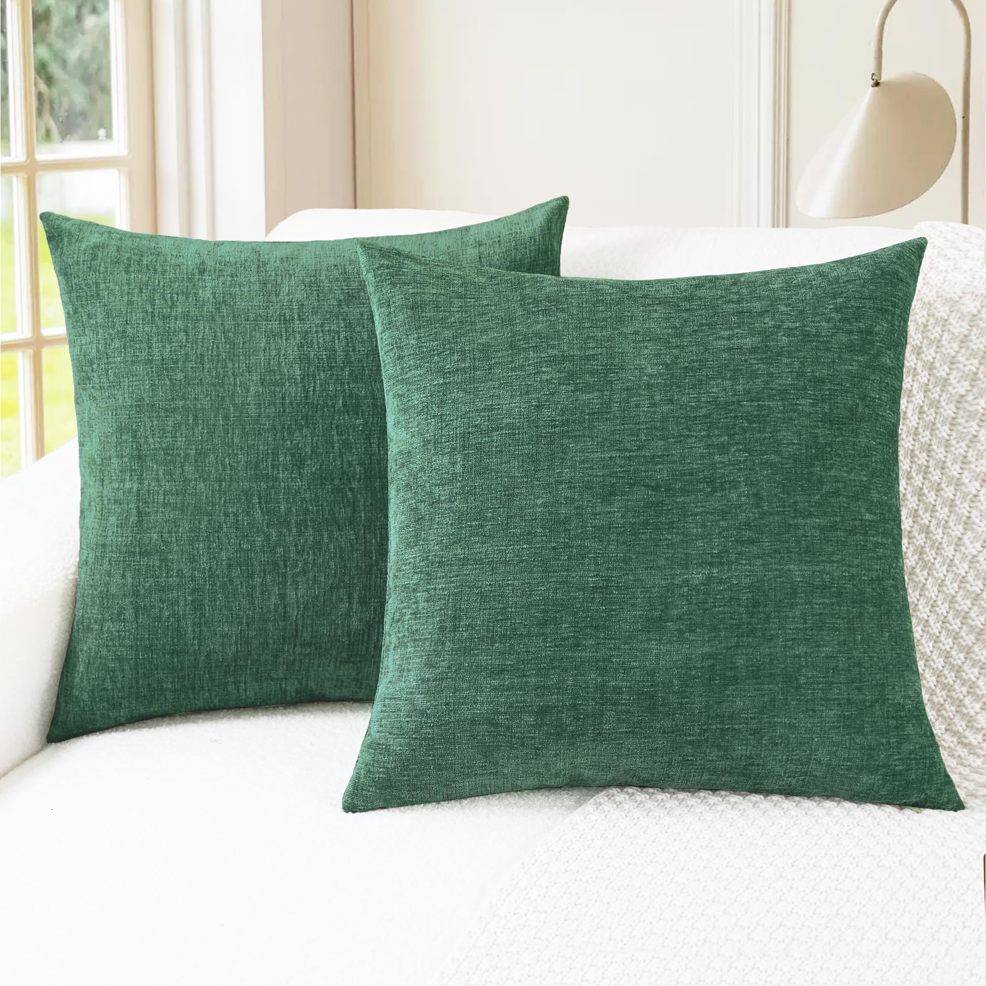 CaliTime Pack of 2 Cozy Throw Pillow Covers Cases for Couch Sofa Home Decoration Solid Dyed Soft Chenille 40 x 40cm Dark Green