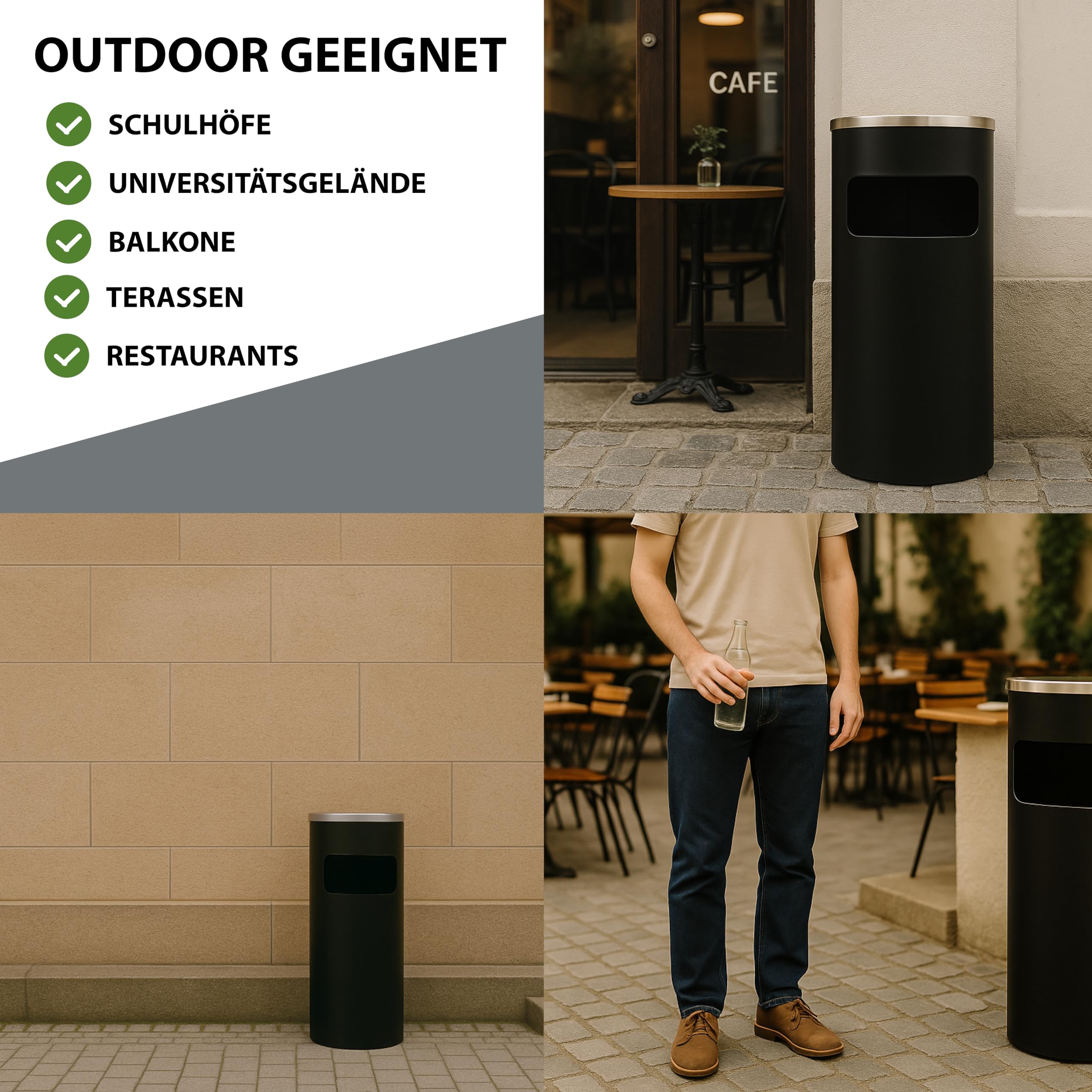 TRUTZHOLM Standaschenbecher für draußen 61x25 cm 30L Schwarz Metall pulverbeschichtet Mülleimer mit Inneneimer und Abaschschale Abfalleimer 2in1 Mülleimer mit Aschenbecher Outdoor Hotel Restaurant