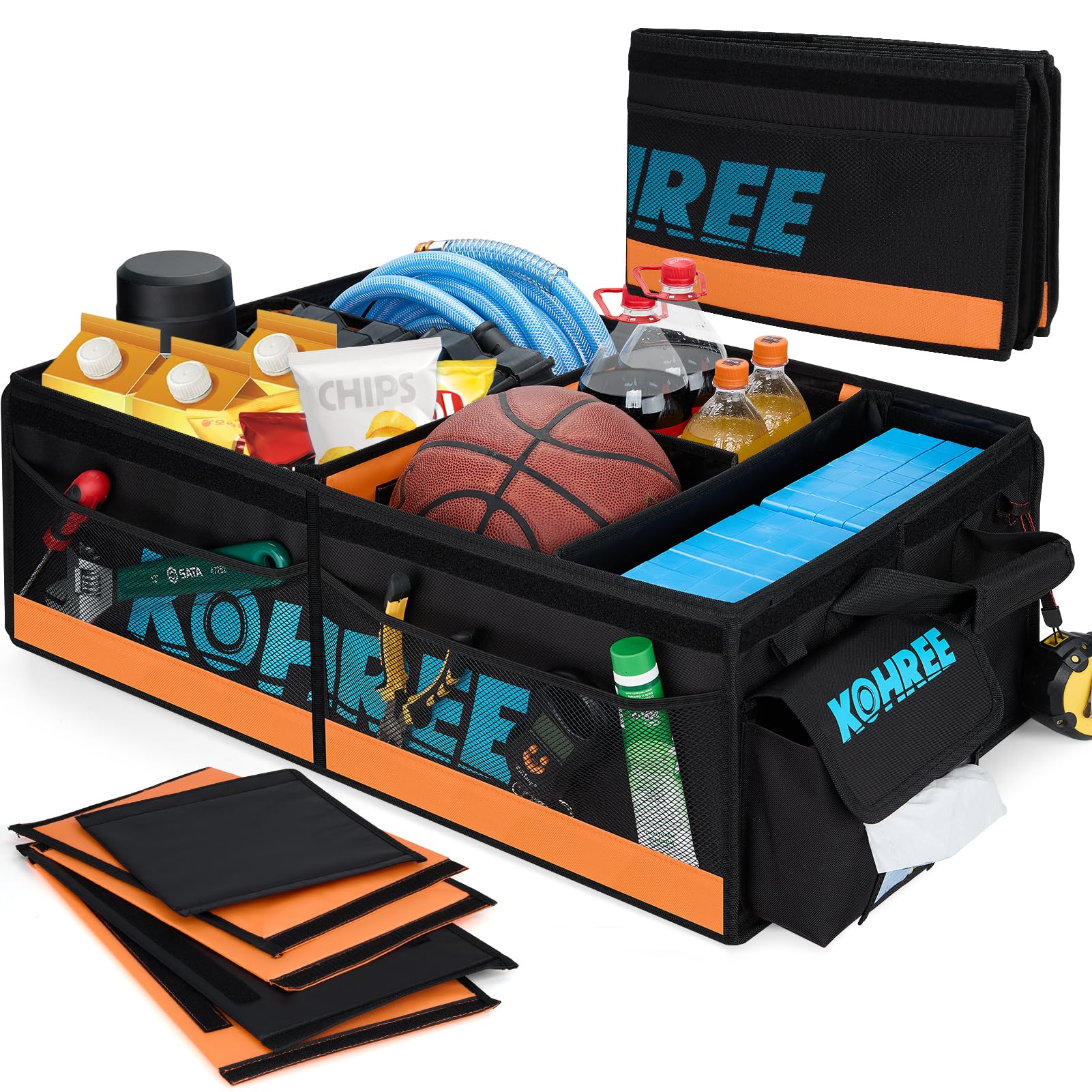 Kohree Car Trunk Organizer for SUV, 81L Collapsible Trunk Storage Organization Bag with Lid, Multi Compartment Container Box for Car Accessories/Jeep/Sedan, Orange