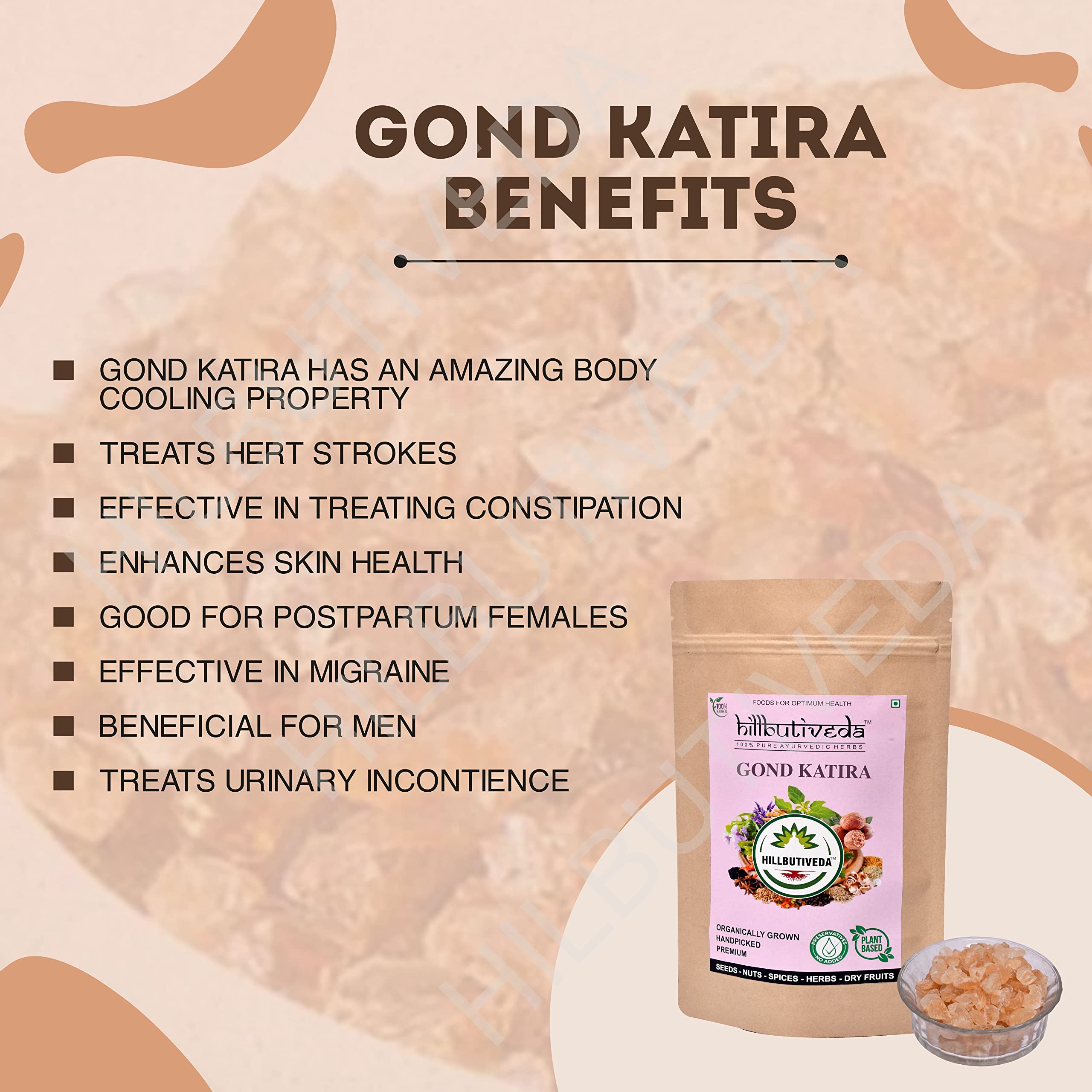 Hillbutiveda Gond Katira Pure Organic | Edible Gum | Tragacanth Gum, Crystals | Kathila Gum, Gond | High Cooling Properties Herbal Food | Super Food (100 gm) 1