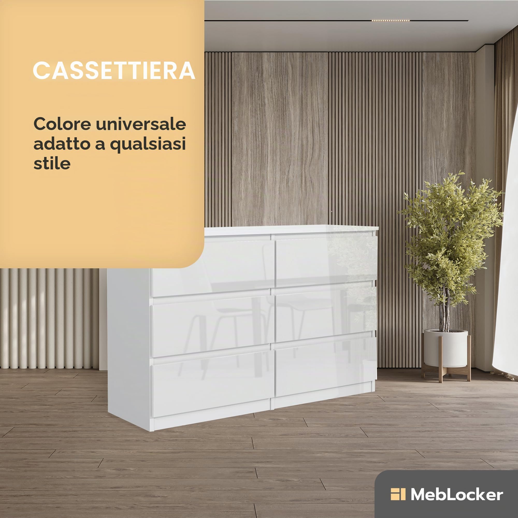 Cassettiera 120 cm, 6 Cassetti, Bianco con Frontali Lucidi | Cassettiera, Mobile Contenitore, Cassettiera Camera, Armadio con Cassetti, Design Moderno 120x80x40 cm