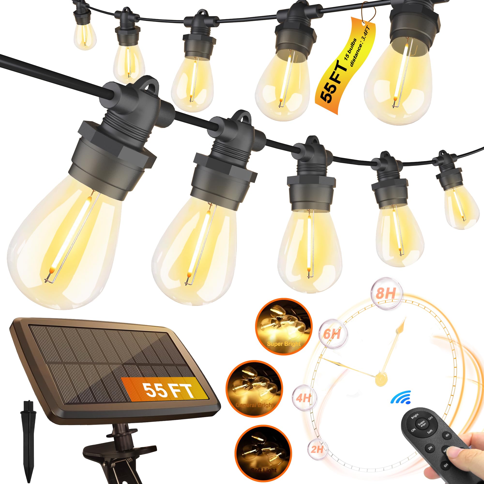 Stright 55FT Solar String Lights Outside Waterproof Remote Control
