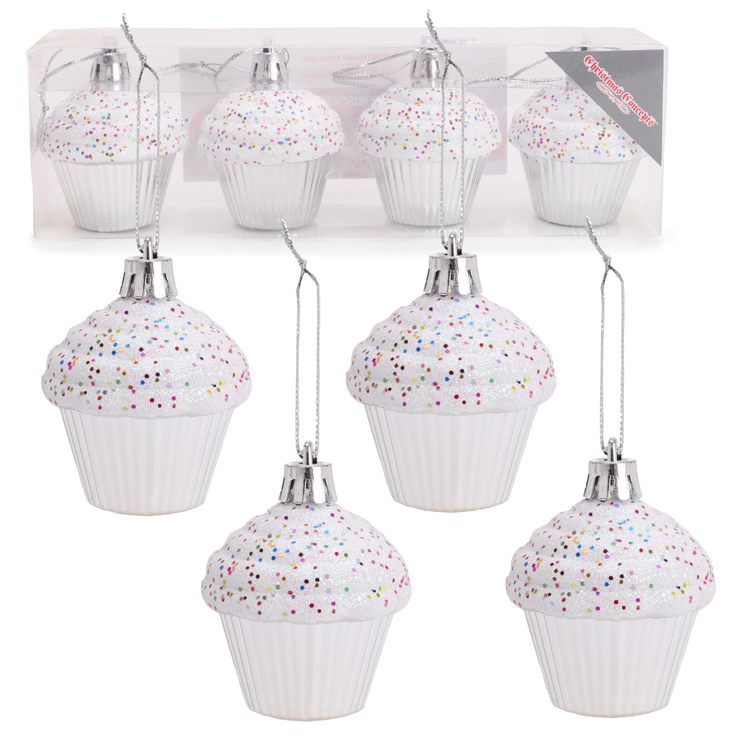 Christmas Concepts® Pack of 4-60mm (2.3") Silver Glittery Festive Cupcake Baubles - Christmas Tree Decorations