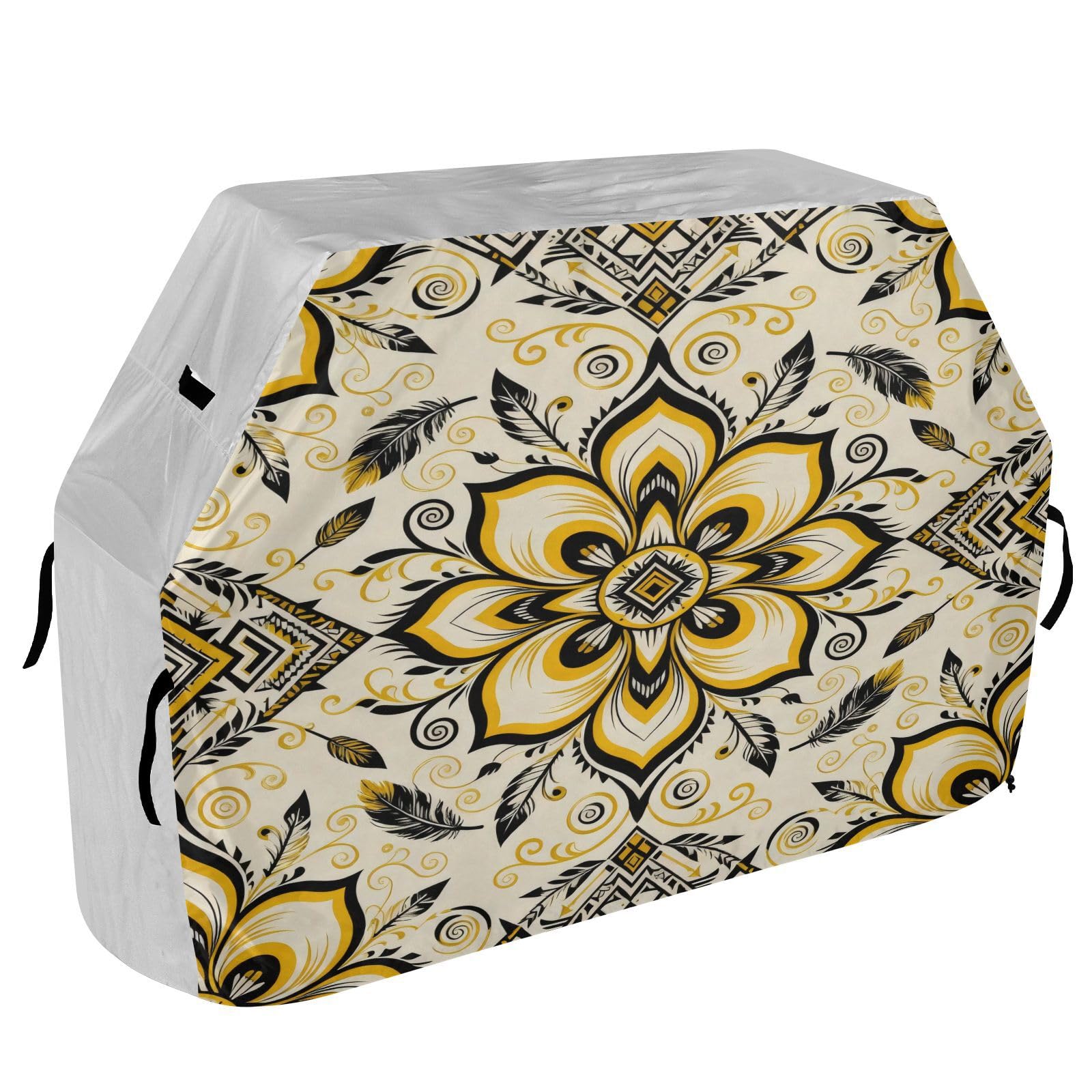 Pokrowiec na grilla na patio, 150 cm, wytrzymały, odporny na blaknięcie i promieniowanie UV, na zewnątrz, patio, pokrowiec na grilla, kwiat paisley, ciemnoczarny, żółty, złoty