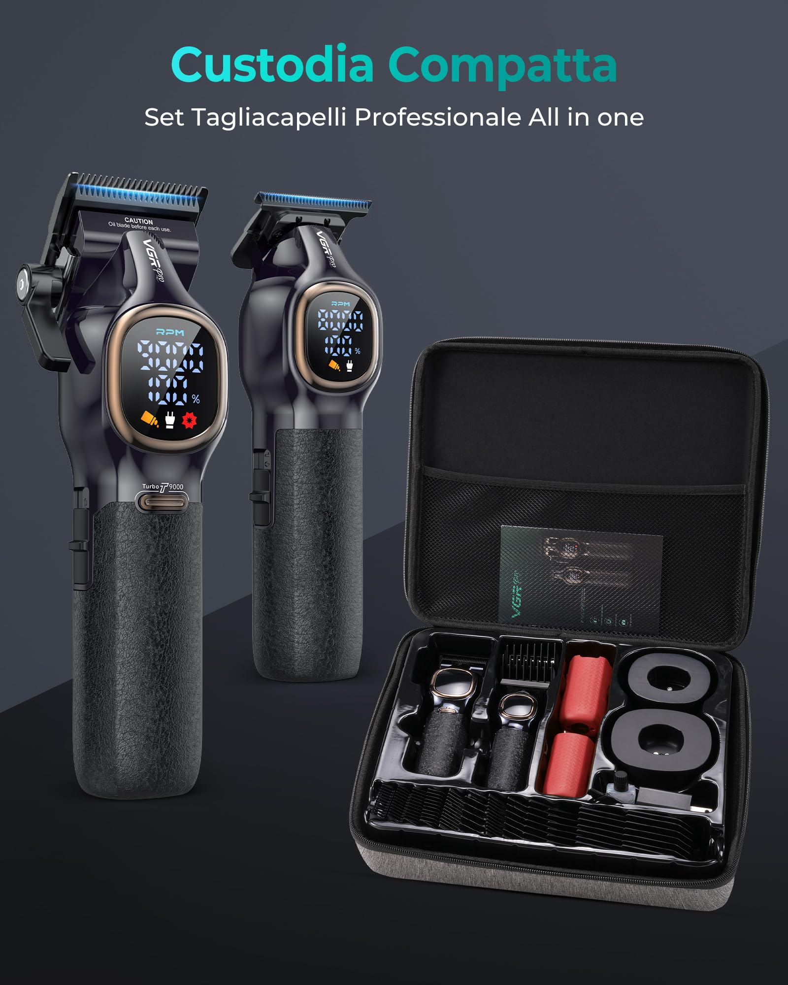 VGRPRO Tagliacapelli Uomo Professionale, 9000RPM Kit Barbiere, Senza fili | Set Macchinetta per capelli e Trimmer,14 Pettini guida,Display LCD, Base di ricarica, 4h autonomia, Grip antiscivolo,Custodia