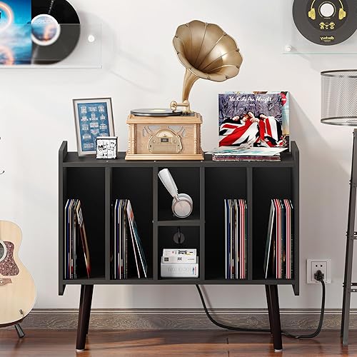 Miniatura 7 de Clikuutory Soporte grande para tocadiscos, armario de almacenamiento de discos de vinilo con toma de corriente y luces LED con capacidad para hasta