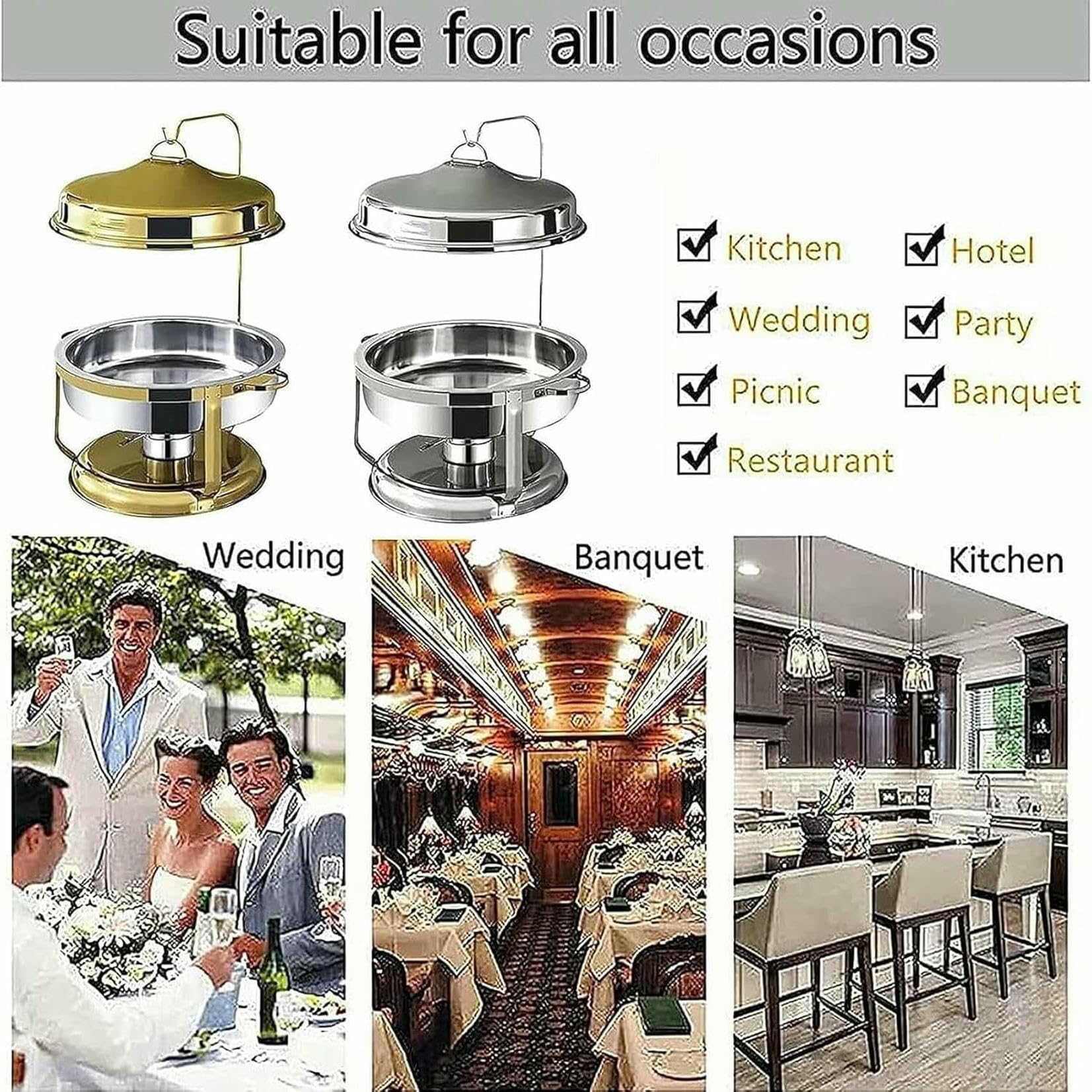 Chafing Dish Rotondo in Acciaio Inossidabile da 9 Litri, scaldavivande e scaldavivande di Dimensioni Standard con Vassoio per Alimenti, contenitori per combustibile e Altri coperchi ~/
