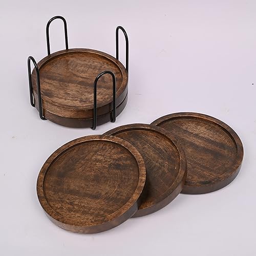 Miniatura 4 de SAMHITA Juego de 5 posavasos de madera de mango para bebidas con soporte de hierro, para vasos de bebida, protección de mesa para cualquier tipo de