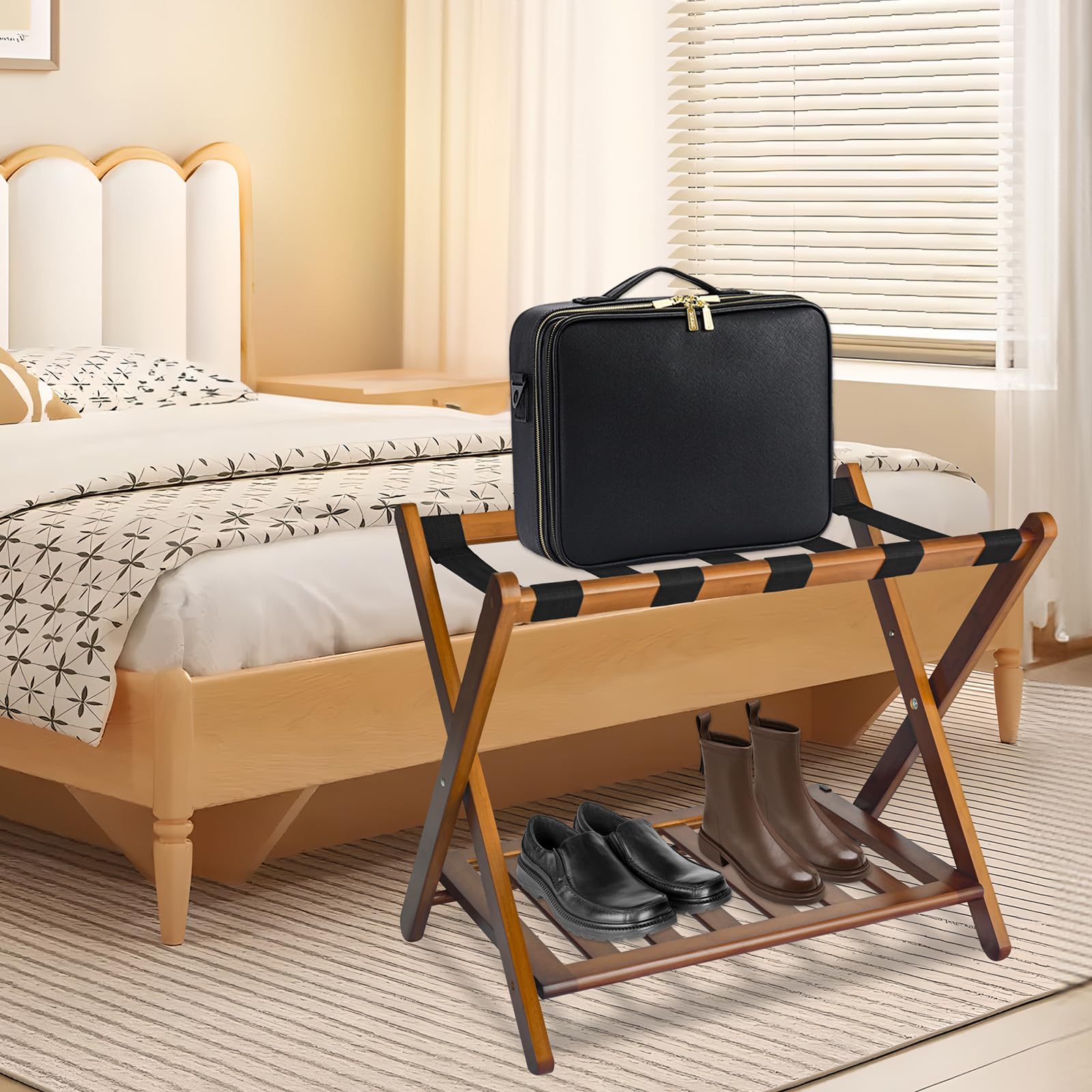 GUANBOM Luggage Rack?Folding Suitcase Stand with Storage Shelf?Luggage Stand for Guest Room Bedroom and Hotel (Brown)