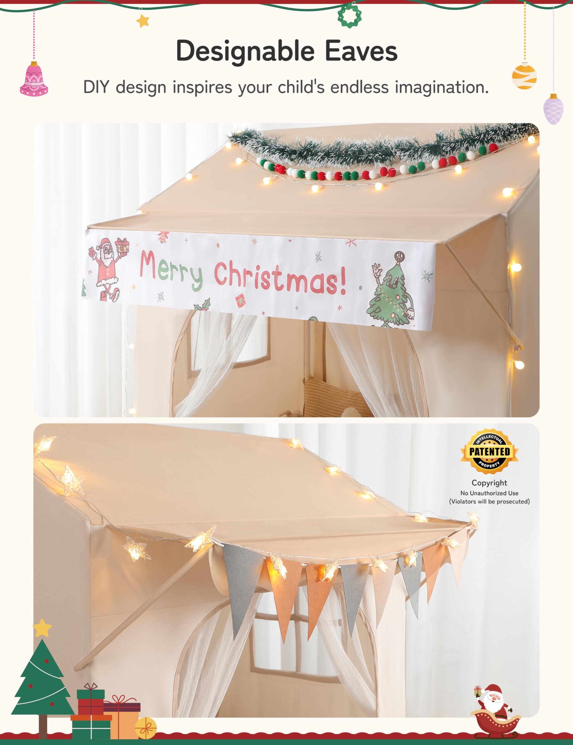 Besrey Tenda per Bambini 2-in-1, Tenda da Gioco con Tettoia per Interni ed Esterni, con Luci, Bandierine e Tappetino, Design Ampio per Lettura e Giochi Creativi - Regalo di Natale Ideale per Bambini