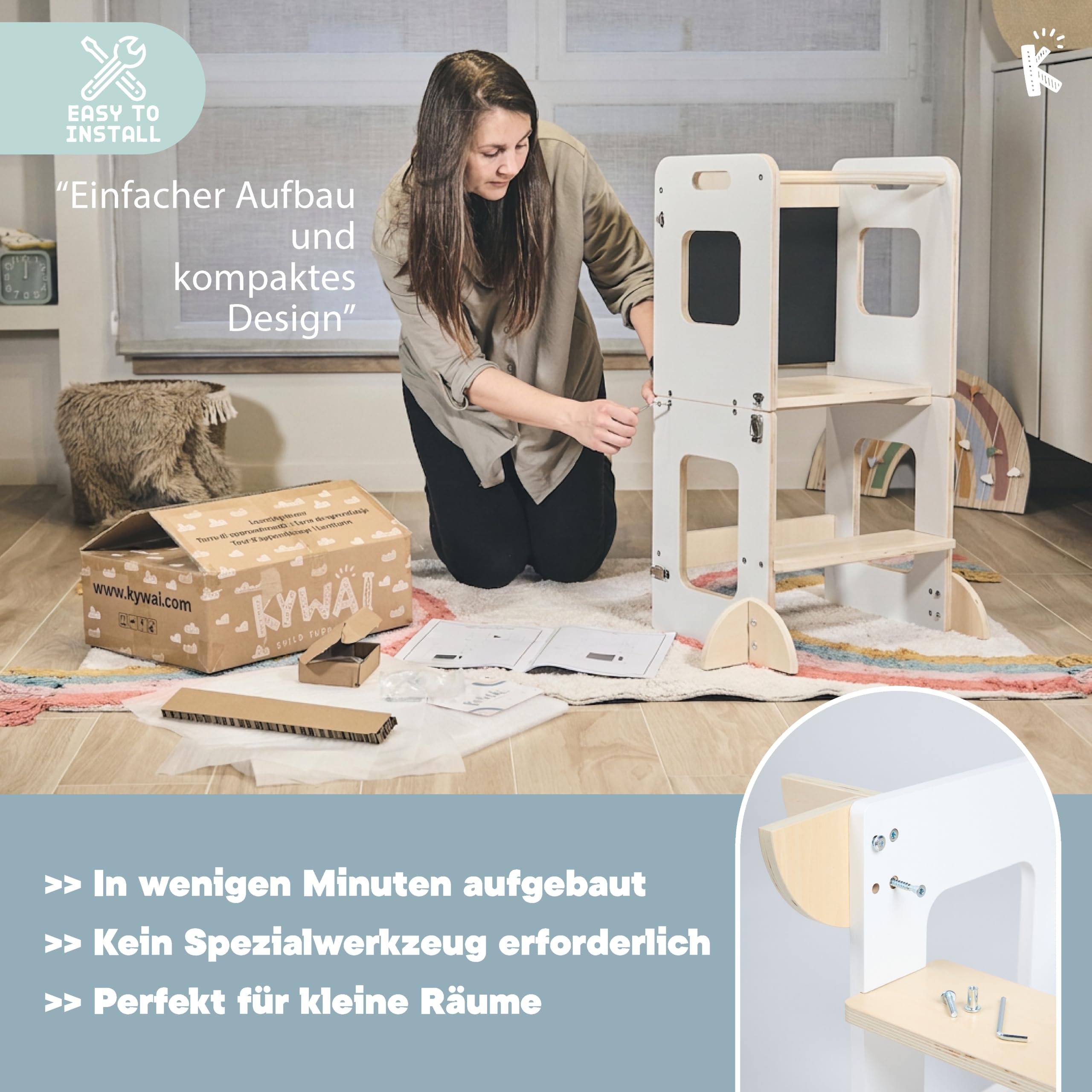 Lernturm ab 1 Jahr – Lernturm Klappbar 3 in 1 mit Tafel – Learning Tower für Kinder – Faltbar mit Sicherheitsfüßen – Aus Nachhaltigem Holz – Stabiler Montessori-Hocker für Zuhause