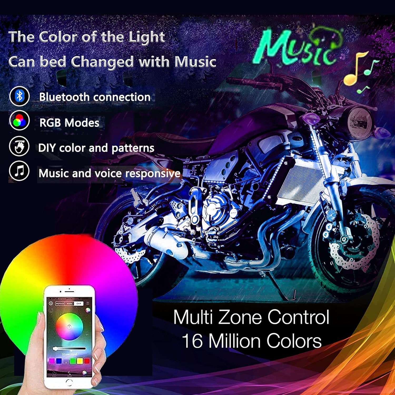 8pc Bluetooth RGB LED Car Motorcycle Glow Lights Flexible Neon Strip Waterproof Kit,IP 68 Waterproof with RF Wireless Remote
