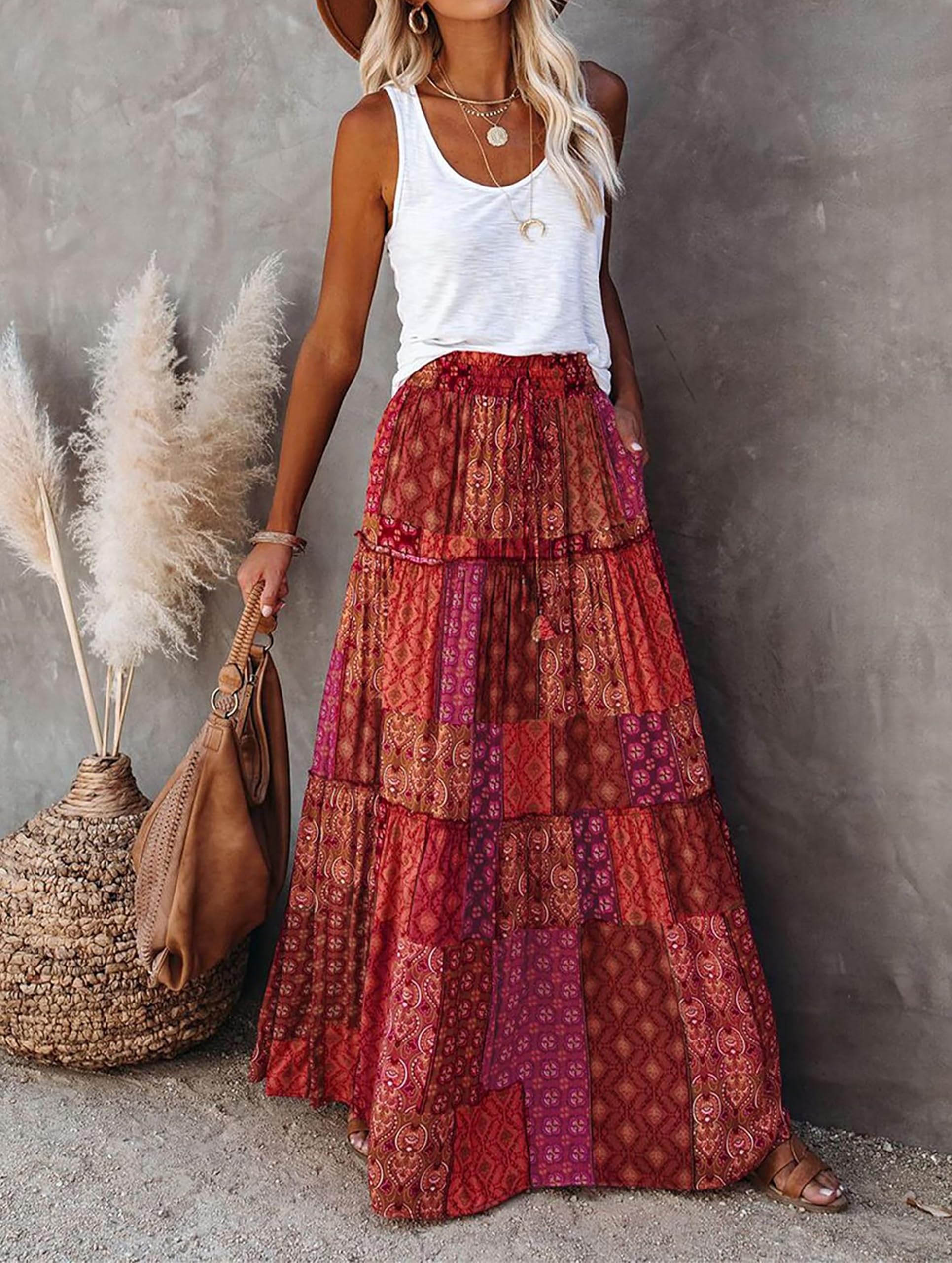 Timuspo Falda larga y elegante para mujer, estilo bohemio, informal, de línea A, color liso, con bolsillos, cintura alta, para la playa, para el tiempo libre
